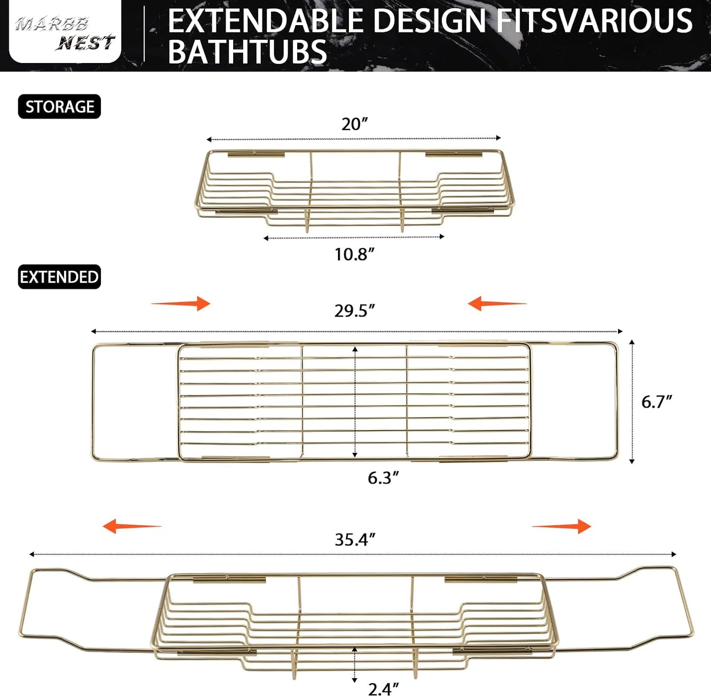 Bathtub Tray Caddy for Luxury Bath Expandable Extra Wide Bath Tub Tray with Natural Marble Tray and Mobile/Tablet Stand, Ideal for Home Spa Lovers (Gold + Black)