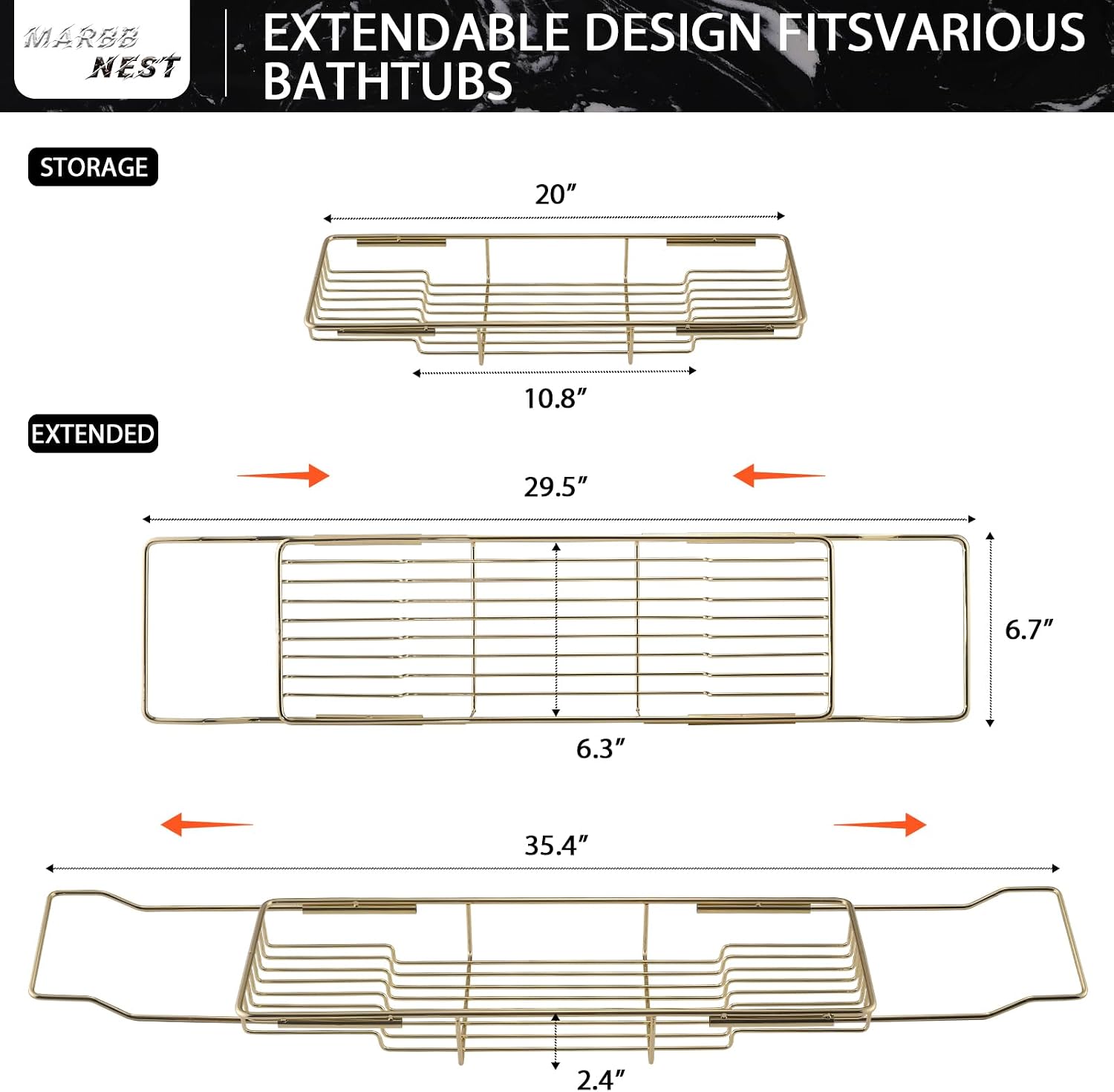 Bathtub Tray Caddy for Luxury Bath Expandable Extra Wide Bath Tub Tray with Natural Marble Tray and Mobile/Tablet Stand, Ideal for Home Spa Lovers (Gold + Black)