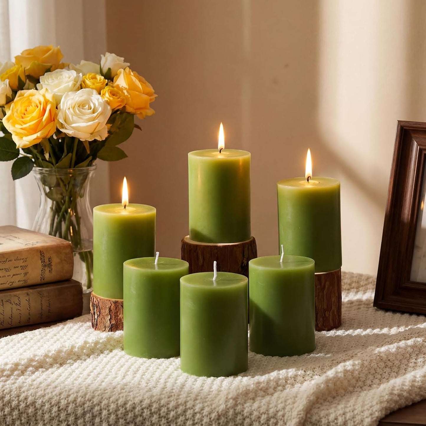 Lounsweer 6 Pcs 3 x 4 Inch Citronella Scented Pillar Candles Green Scented Candle for Home Indoor & Outdoor Use