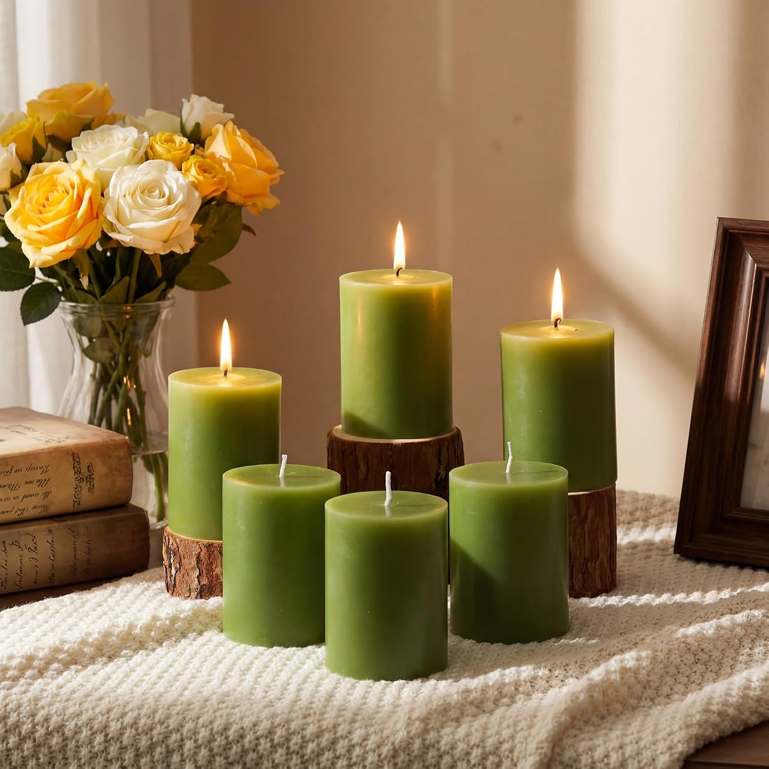 Lounsweer 6 Pcs 3 x 4 Inch Citronella Scented Pillar Candles Green Scented Candle for Home Indoor & Outdoor Use