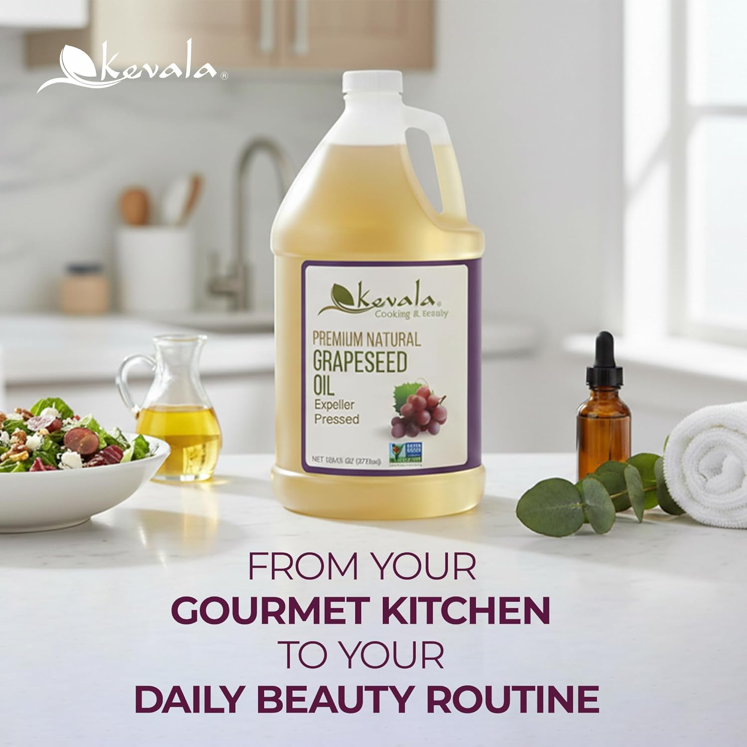 Kevala Grapeseed Oil | Non-GMO Expeller Pressed Grape Seed Oil for Cooking, Rich in Antioxidants, Skincare & Hair, Multipurpose Beauty Oil, High Smoke Point Oil – 128 Fl Oz | 1-Pack
