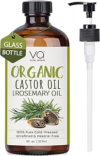 VITAL AFFAIR Organic Castor Oil With Rosemary Oil For Hair Growth - 100% Pure Rosemary Hair Oil With Pure Castor Oil Cold Pressed Unrefined Glass Bottle - Strengthening & Volumizing 8 Fl Oz