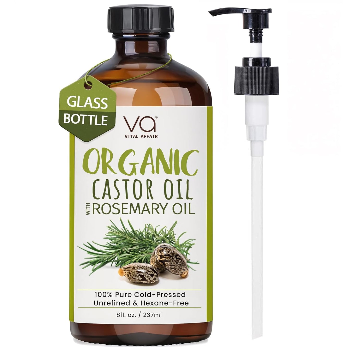 VITAL AFFAIR Organic Castor Oil With Rosemary Oil For Hair Growth - 100% Pure Rosemary Hair Oil With Pure Castor Oil Cold Pressed Unrefined Glass Bottle - Strengthening & Volumizing 8 Fl Oz