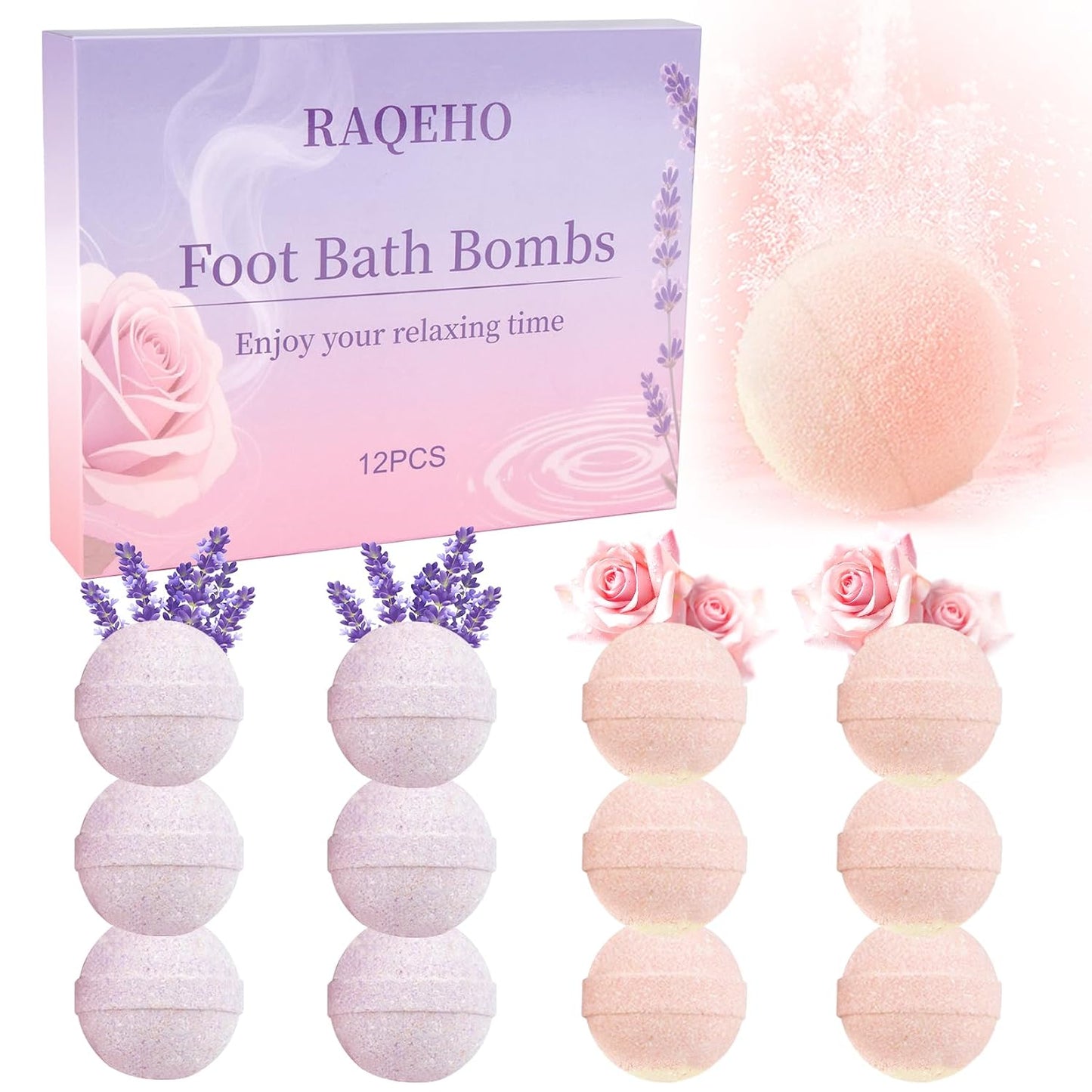 12PCS Foot Bath Bombs - Rose Lavender Aromatherapy Foot Bath Soak Individually Wrapped with Sea Salt for Dry Cracked Feet Softener Exfoliator Odor Home Spa Essentials Pedicure Supplies