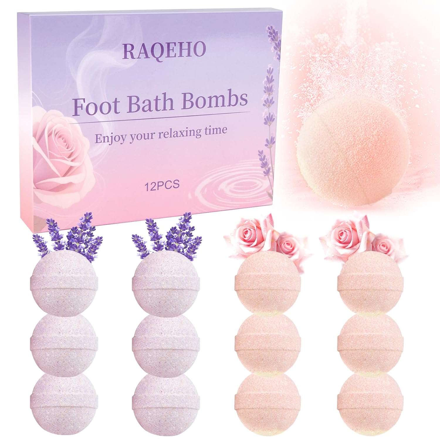 12PCS Foot Bath Bombs - Rose Lavender Aromatherapy Foot Bath Soak Individually Wrapped with Sea Salt for Dry Cracked Feet Softener Exfoliator Odor Home Spa Essentials Pedicure Supplies