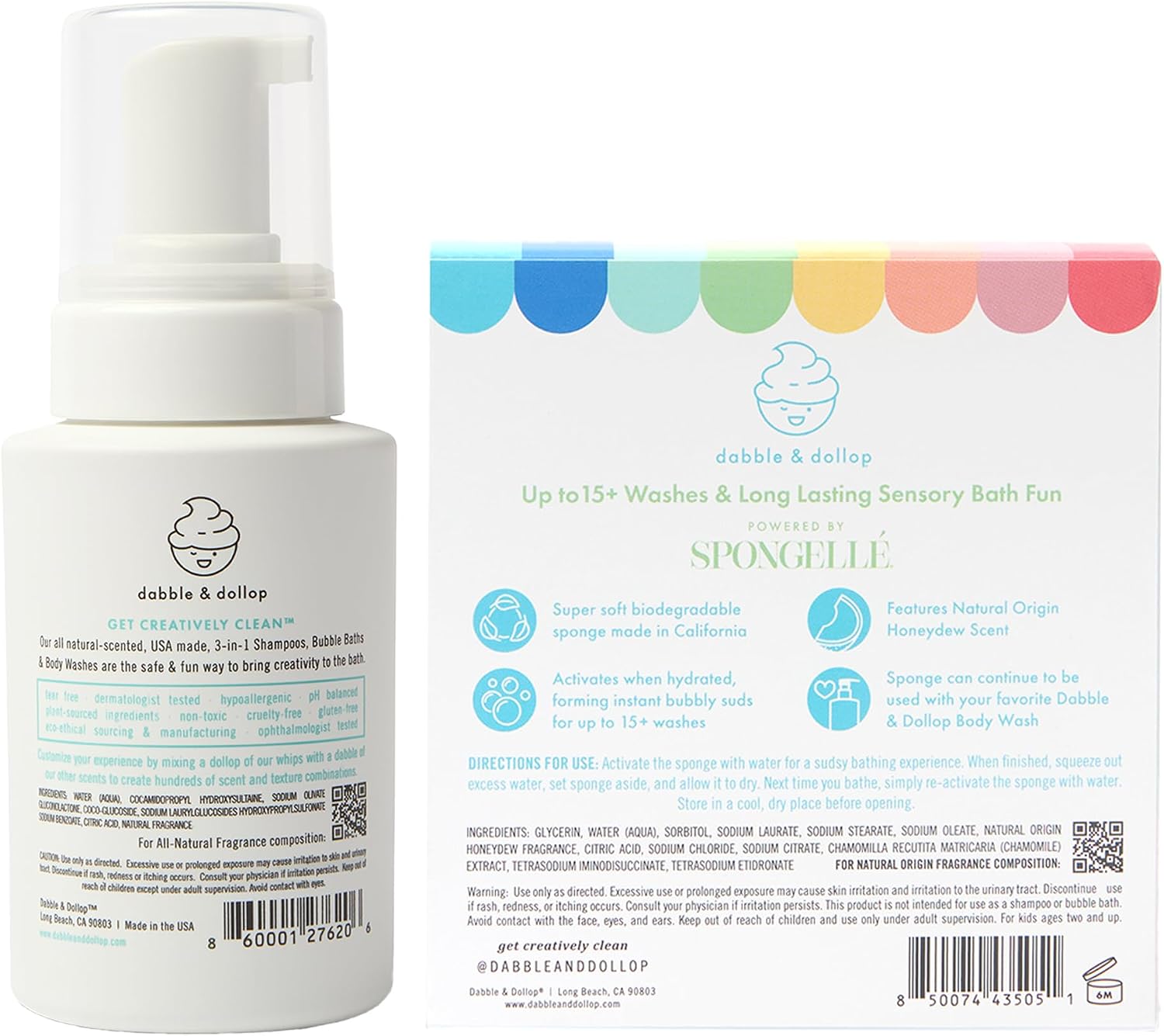 Dabble & Dollop Sponge Pop™ Kids Bath Sponge with Built-in Honeydew Body Wash + Vanilla 3-in-1 Foaming Shampoo, Body Wash & Bubble Bath - Natural Origin Ingredients, Kids Bath Set (2-Pack)