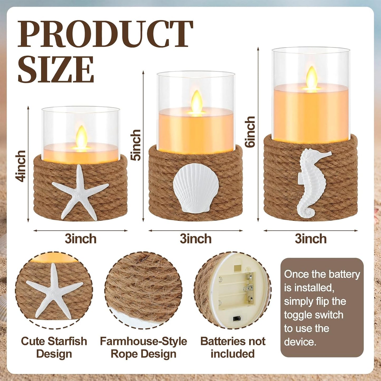 Baquler 3 Pcs Beach Starfish Flameless Plastic LED Battery Candle with Rope Farmhouse Nautical Gradient Candle Seashell Seahorse Decorative Candlestick for Coastal Wedding Party Table Centerpieces