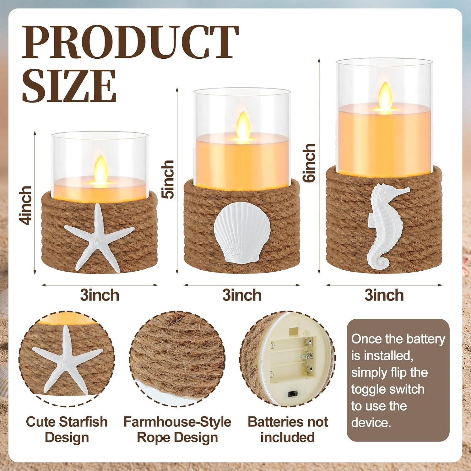 Baquler 3 Pcs Beach Starfish Flameless Plastic LED Battery Candle with Rope Farmhouse Nautical Gradient Candle Seashell Seahorse Decorative Candlestick for Coastal Wedding Party Table Centerpieces
