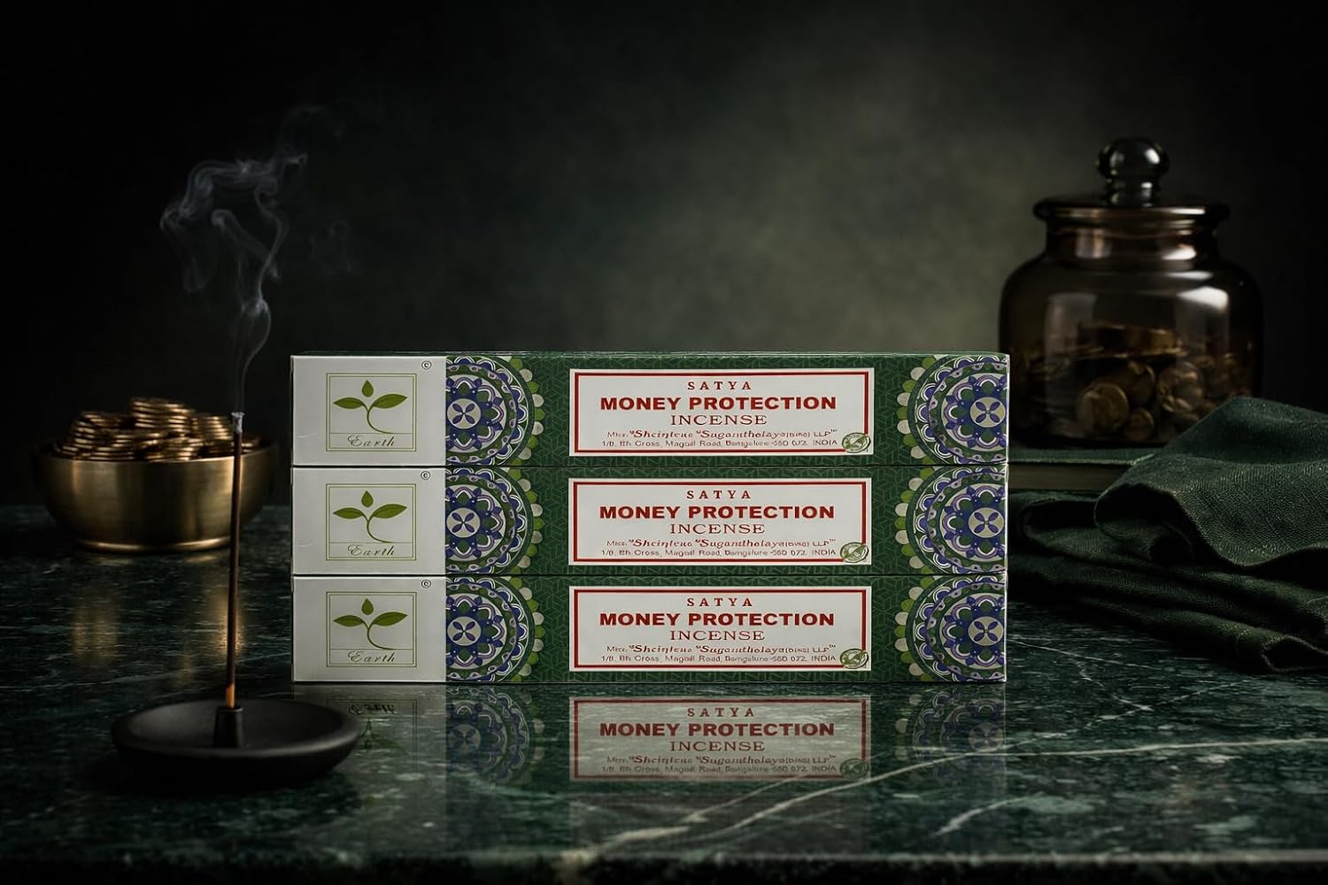 Earth Satya Money Protection Perfumed Incense Sticks 15g (Pack of 6) Hand Rolled Natural Incense for Meditation Relaxation and Home Fragrance