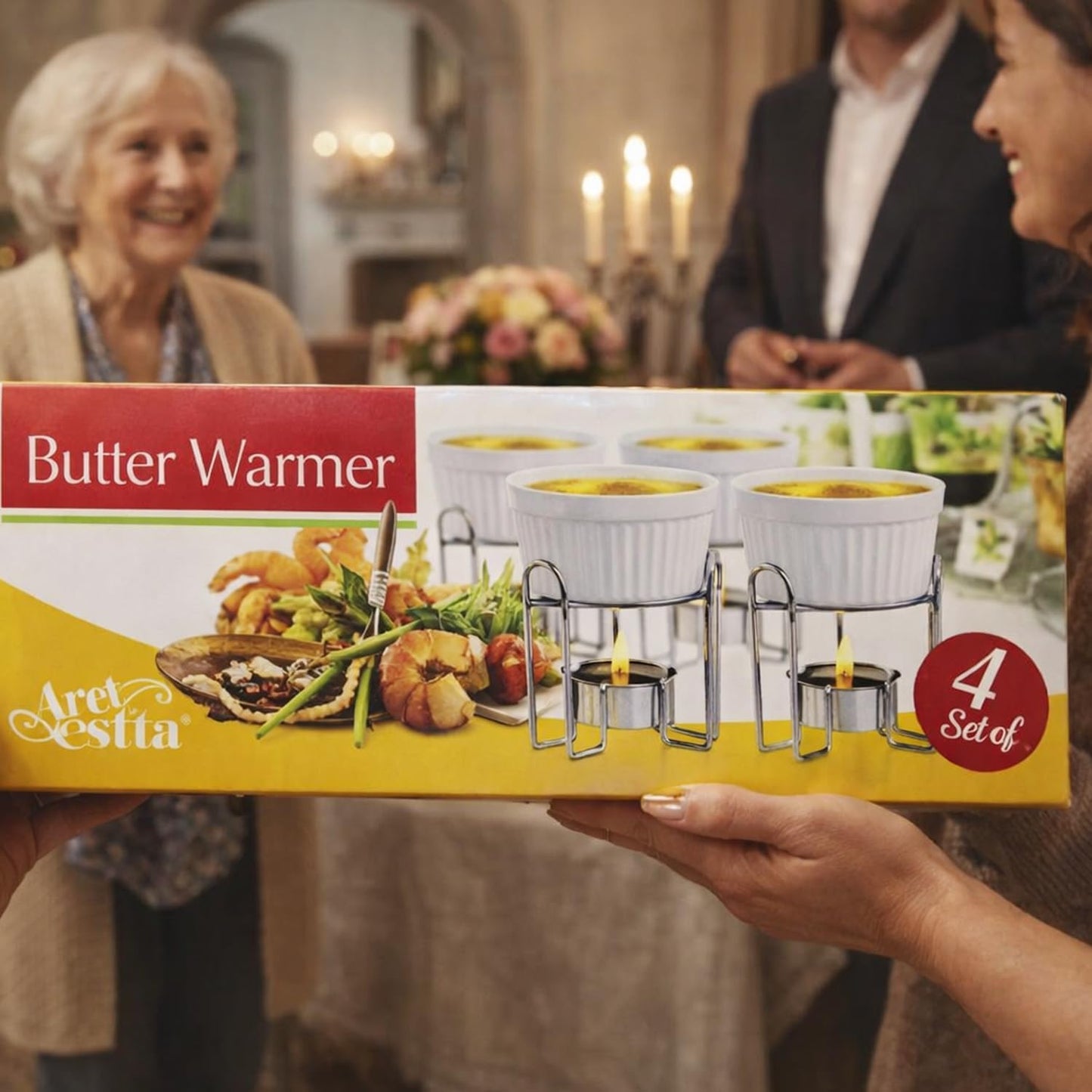 Artestia Butter Warmers Set, 4-Piece Ceramic Butter Warmer with Tea Light Candles, Crab Boil Party Supplies - Dishwasher, Microwave, Oven Safe (White)