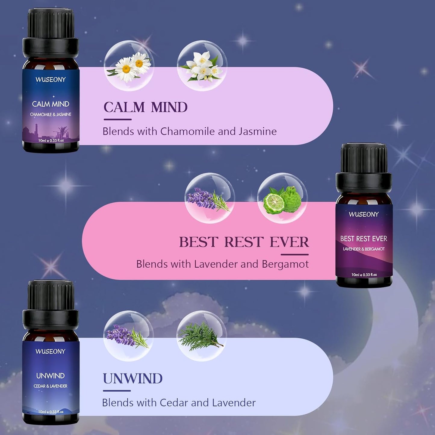 WUSEONY Sleep Essential Oils Set for Diffusers for Home, Set of 6 Essential Oil Blend Aromatherapy - Eucalyptus, Jasmine, Orange, Lavender, Cedar, Mint