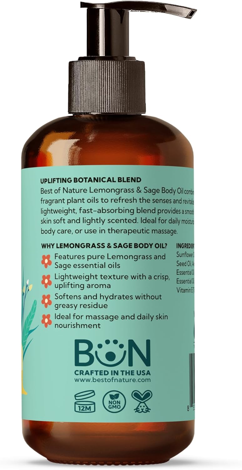 Best of Nature Lemongrass & Sage Aromatherapy Massage Oil – Non-Greasy Body Oil for Skin, Face & Massage – Uplifting Essential Oil Blend – 8 fl oz