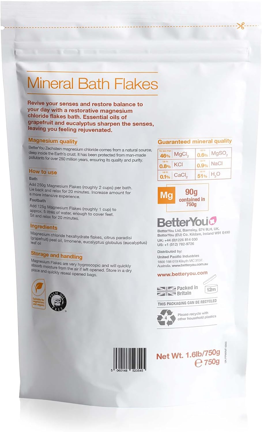 BetterYou Magnesium Revive Bath Flakes - Bath Salts with Magnesium - Energizing Grapefruit and Eucalyptus - Muscle Soothing and Skin Health - 1.6 lb