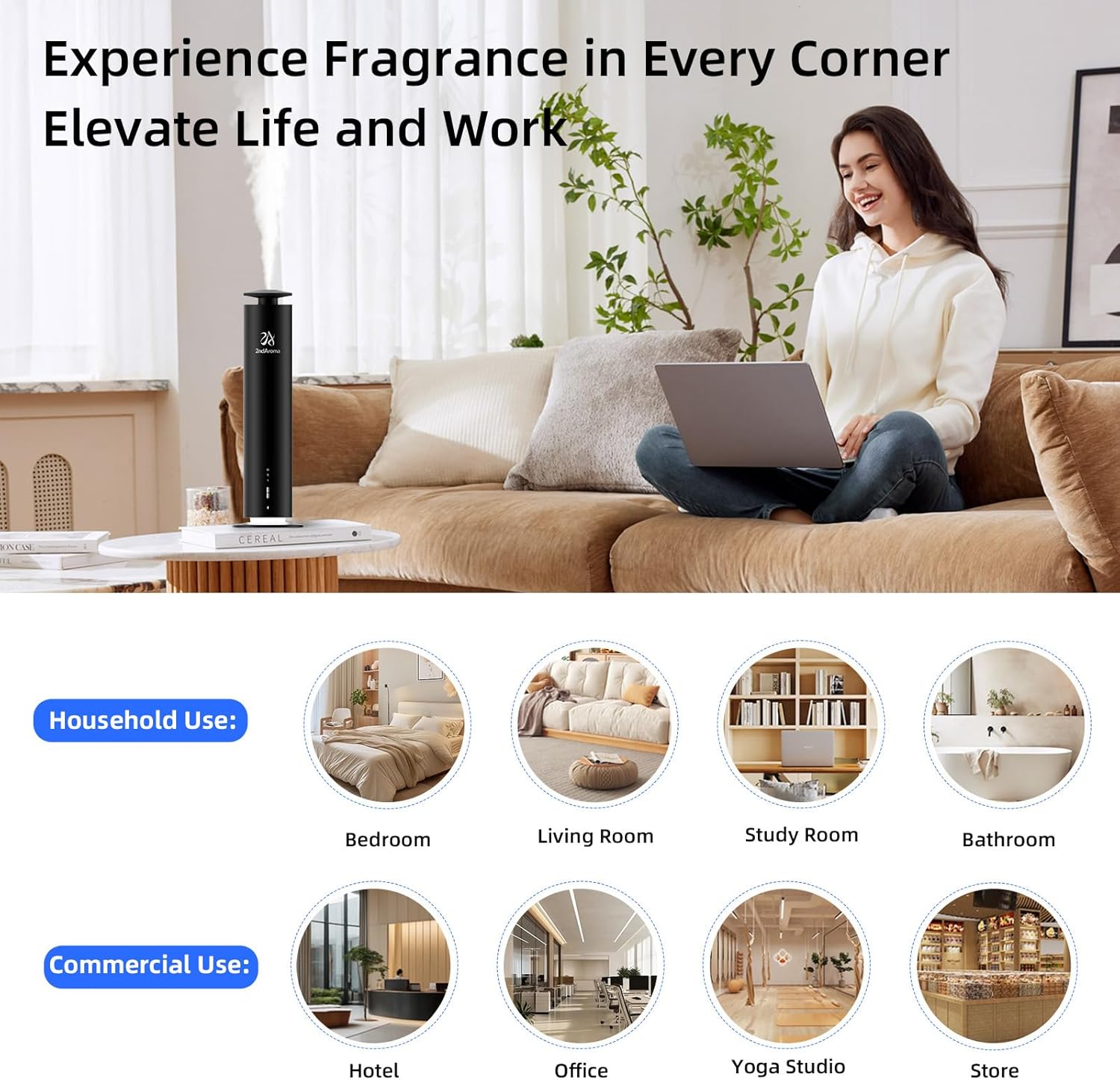 Waterless Scent Diffuser Starter Kit, Diffusers for Home Office Hotel 1000 Sq Ft Coverage, Cordless Essential Oil Diffuser Large Room with 3 Mood Lights, 3 Scent Oils, App Control, Black