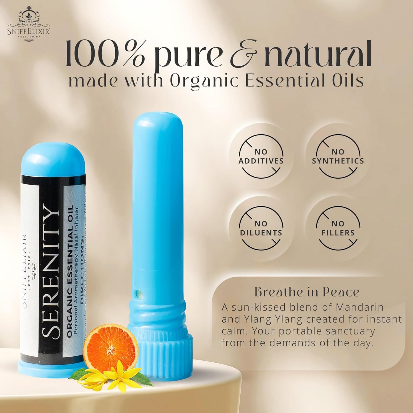 Serenity Stress Relief Aromatherapy Nasal Stick Vapor Inhaler for Calm, Self Care, USA Made with Organic Citrus Essential Oils, Stress Reliever Gift
