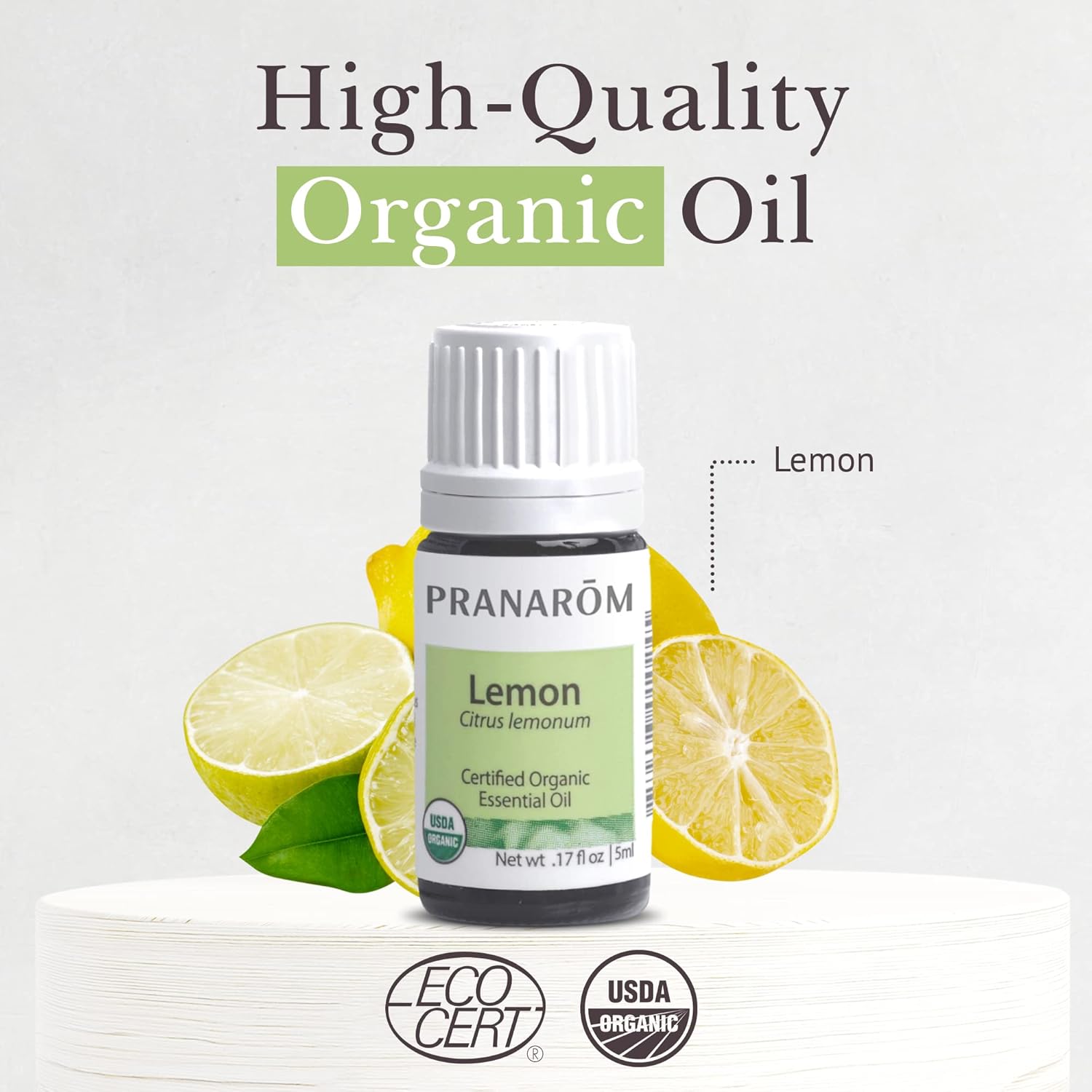 Pranarom USDA Certified Organic Lemon Essential Oil (5ml), 100% Pure Undiluted Therapeutic Grade from Argentina for Aromatherapy, Diffuser, DIY, Cleaning, Fresh Lemon Scent