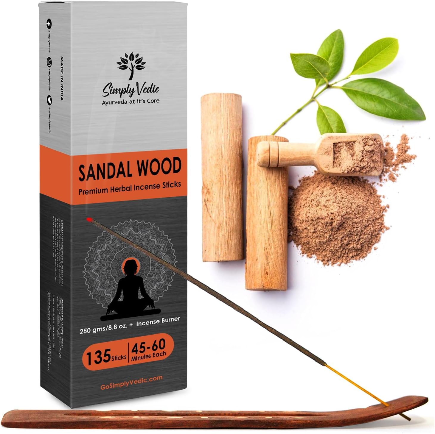 Simply Vedic Sandalwood Incense Sticks 250g (Approx. 135 Handmade Sticks) with Free Holder | 45 Min Burn | Natural Charcoal-Free Agarbatti for Meditation, Yoga, Aromatherapy, Relaxation