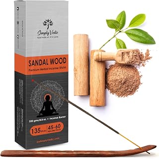 Simply Vedic Sandalwood Incense Sticks 250g (Approx. 135 Handmade Sticks) with Free Holder | 45 Min Burn | Natural Charcoal-Free Agarbatti for Meditation, Yoga, Aromatherapy, Relaxation
