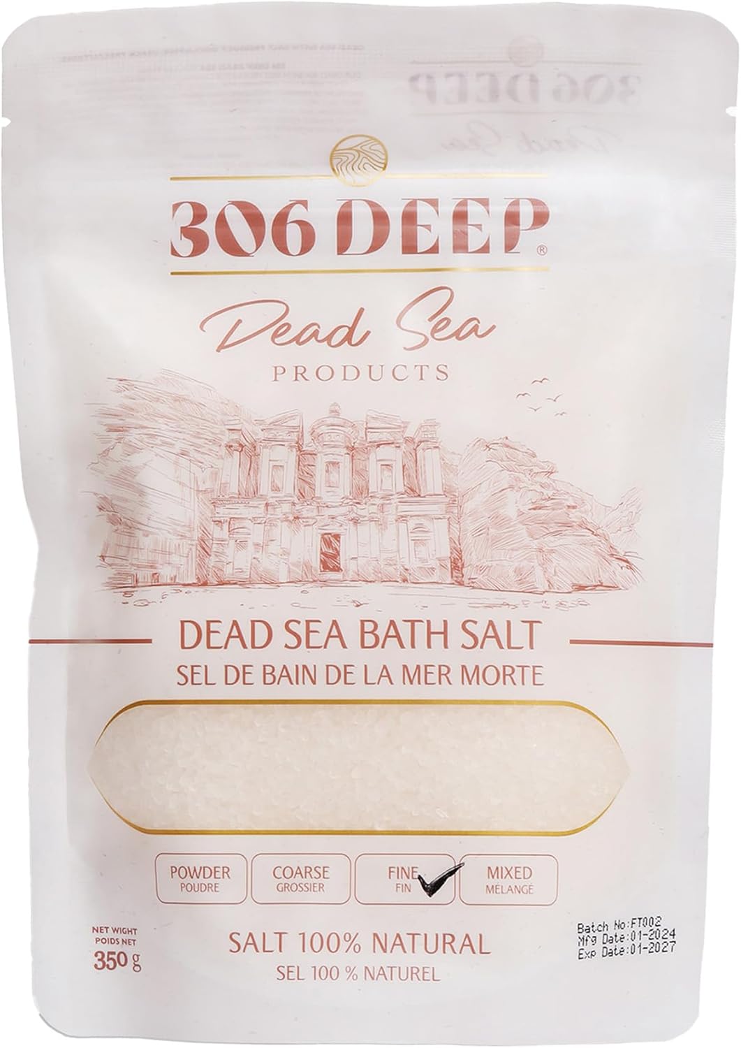306 Deep Fine Dead Sea Salts for Soaking - 350 Grams of 1-2 mm 100% Dead Sea Salt Bath for Men and Women, Pure Bath Minerals with Magnesium, Zinc, Potassium for Soaks and Body Scrub