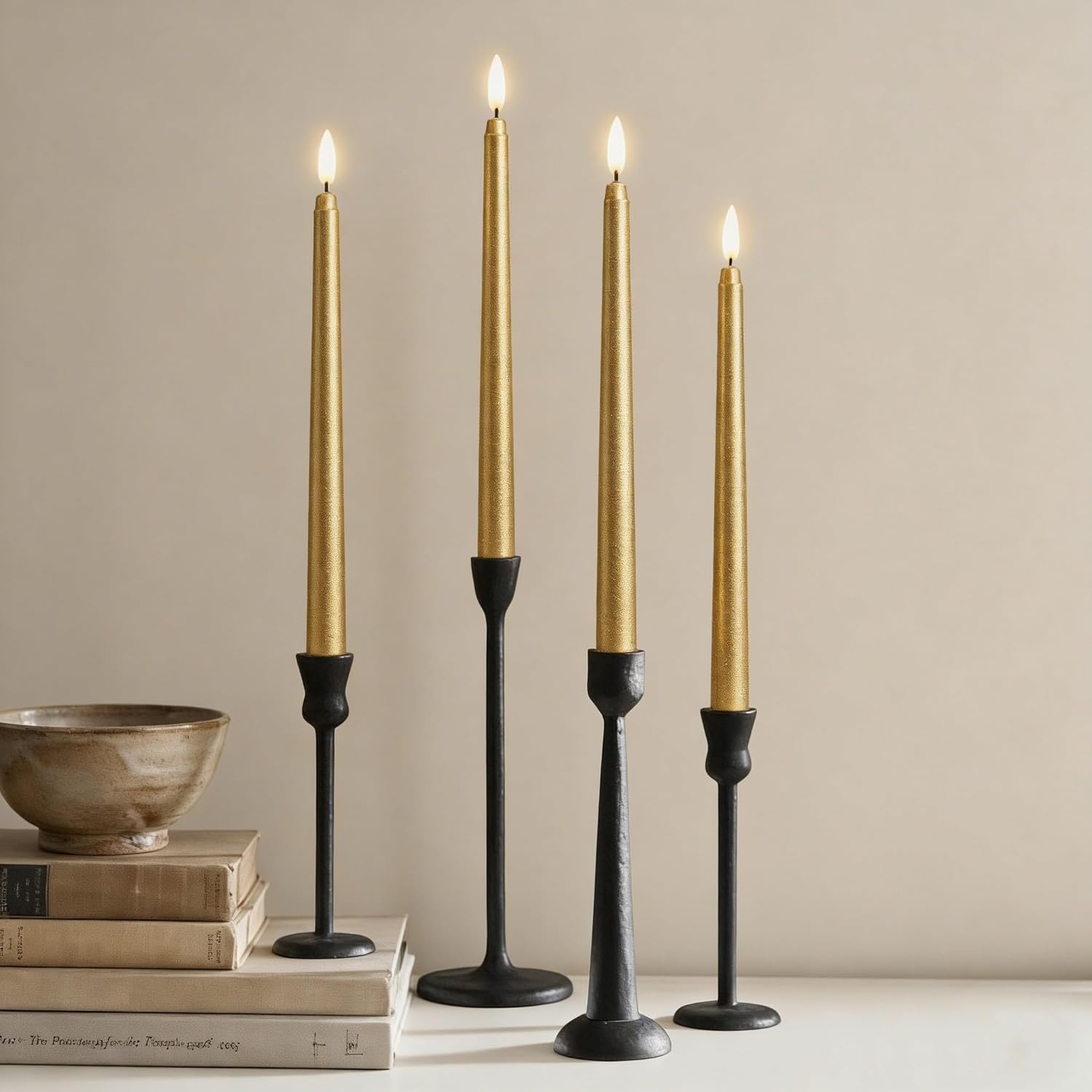 Gold Flameless Taper Candles with Remote, Flickering Battery Powered LED Candlesticks Set of 4
