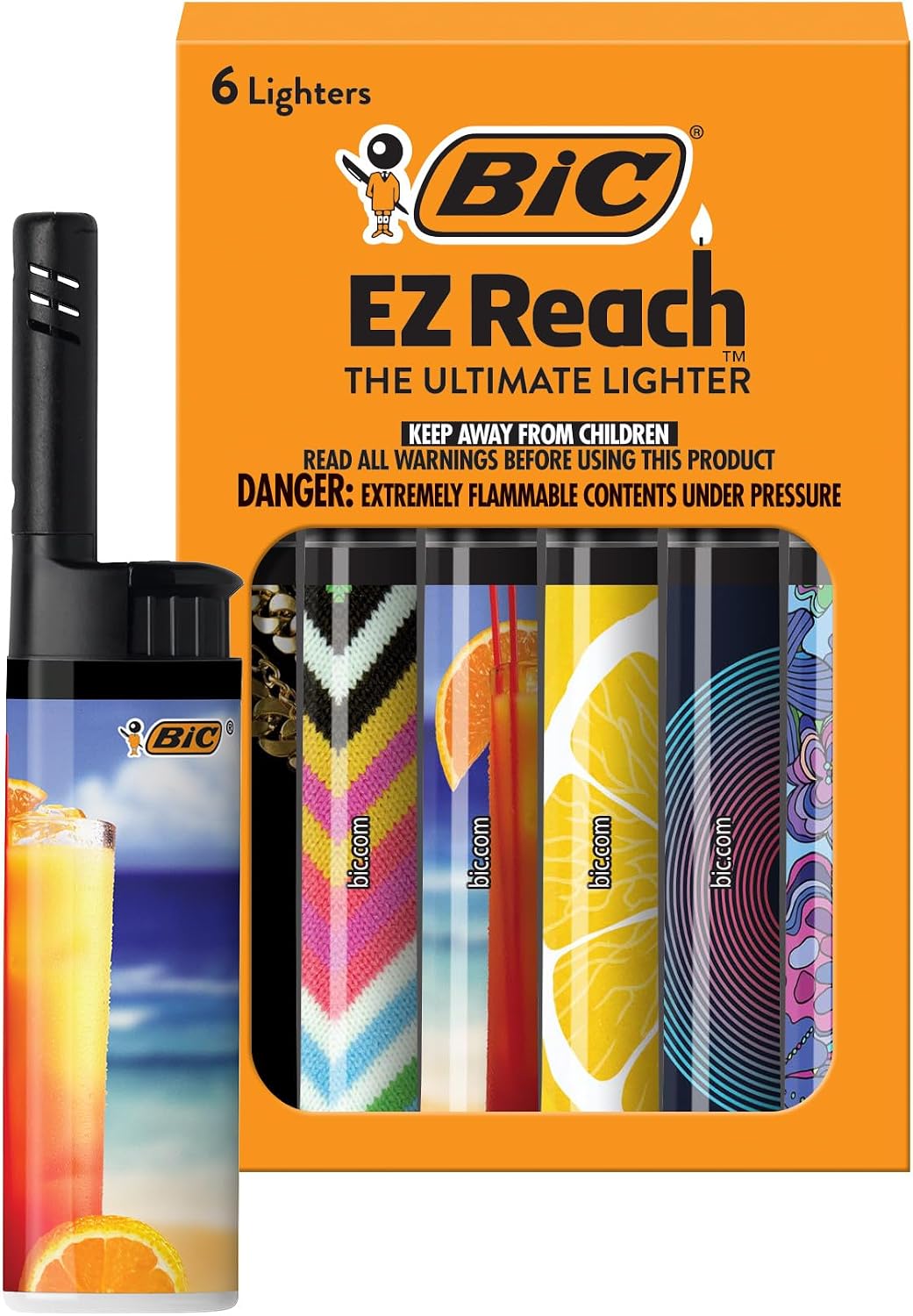 BIC EZ Reach Lighters, Reliable Candle Lighter with Safe Extended Wand, Assorted Designs, 6-Pack (Designs May Vary)