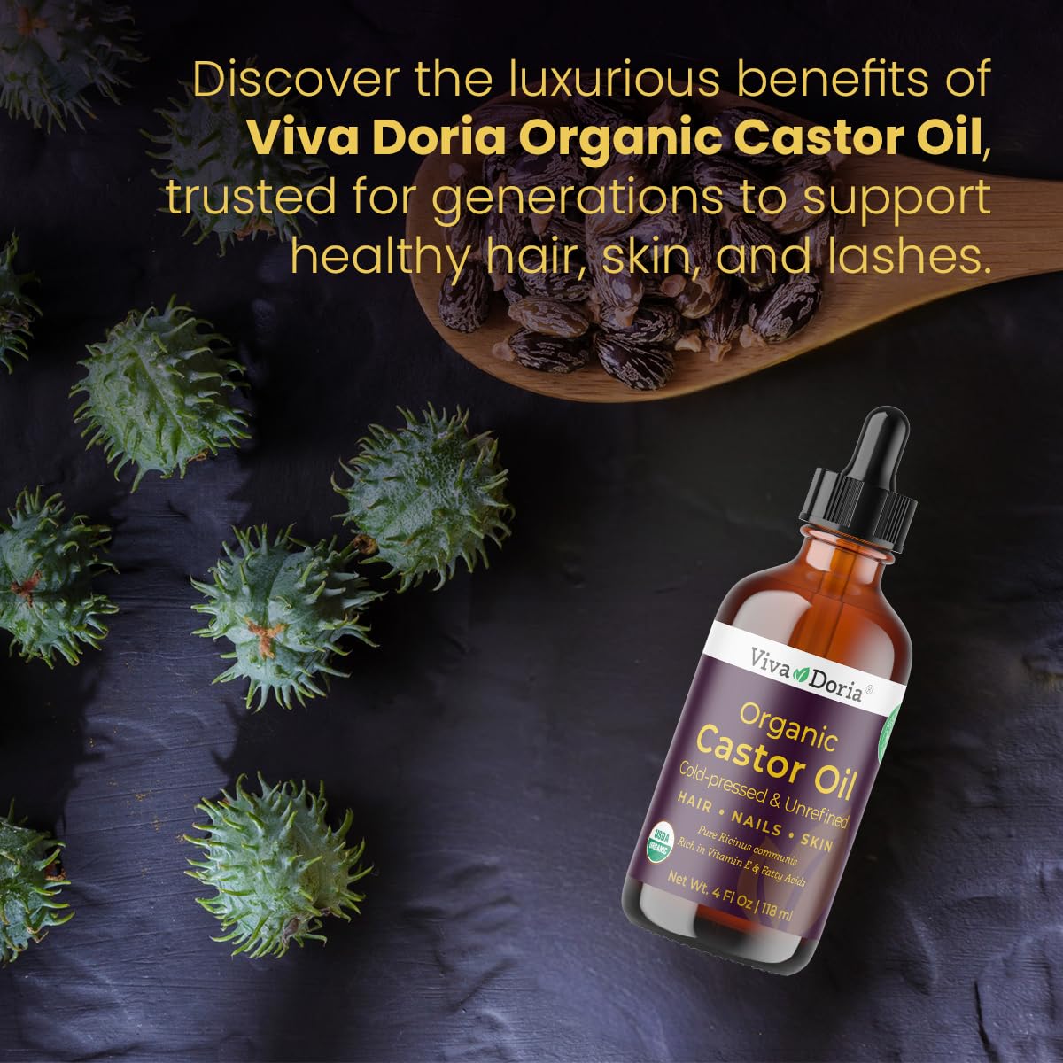 Viva Doria Organic Castor Oil, 4 Fl Oz | Virgin, Cold Pressed, Hexane-Free, Vegan | Nourishing Hair & Skin Care | Eyelash & Brow Serum | Glass Bottle with Dropper Top