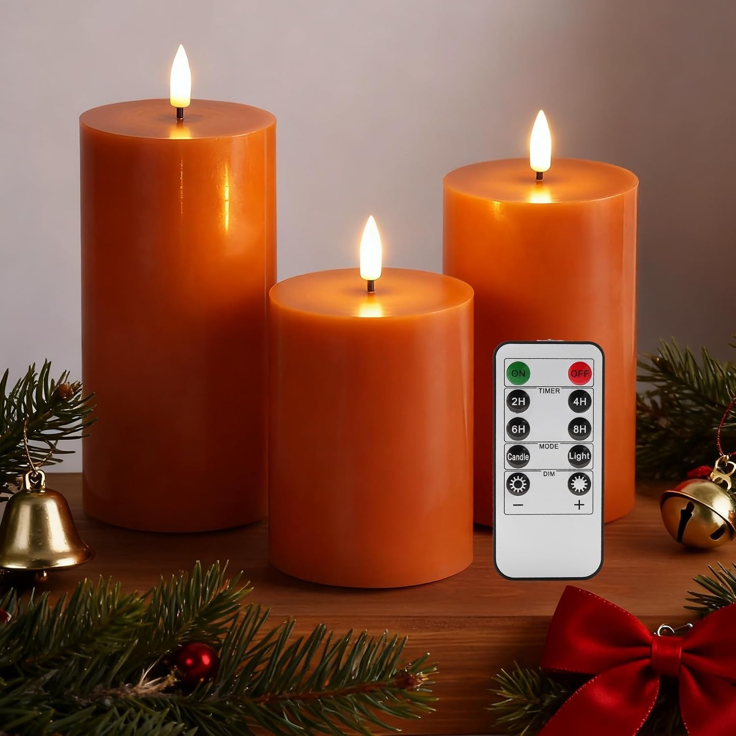 Burnt Orange Flameless Pillar Candles with Remote, Flickering LED Wax Candles Battery Operated Set of 3