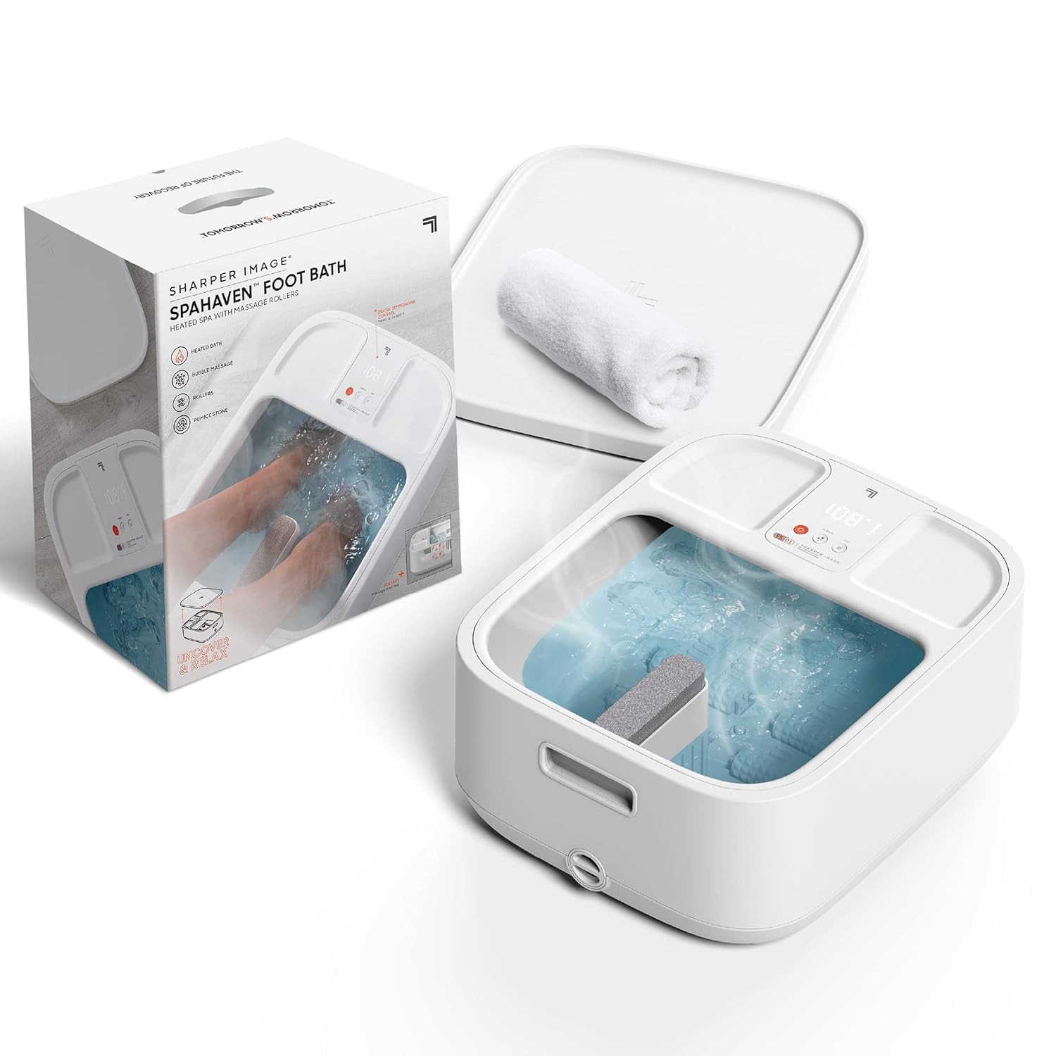 Sharper Image® Spahaven Heated Foot Bath – Bubble Jets, Massage Rollers, 105°F, Pumice Stone Callus Remover| XL Foot Soaking Tub| Feet Scrubber| Home Pedicure Foot Spa| Womens Relief & Relaxation Gift