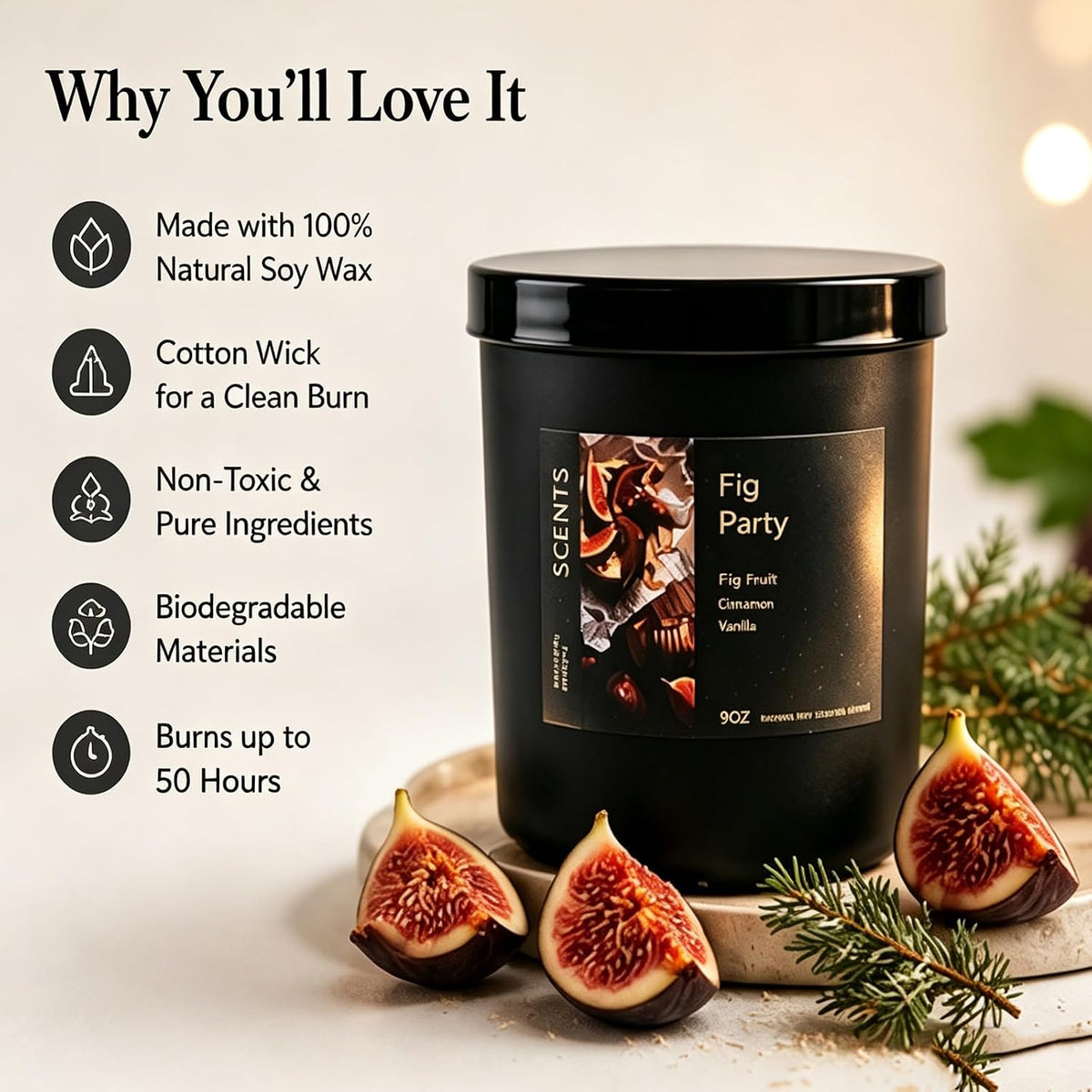 Scented Candle Fig &amp; Fir, Natural Soy Wax Candle, 50 Hour Burn Time, Fruity Gourmand Holiday Candle for Home, Winter Décor, Relaxation &amp; Cozy Nights Fruity Vanilla Wood Scented Candle for Christmas ﻿