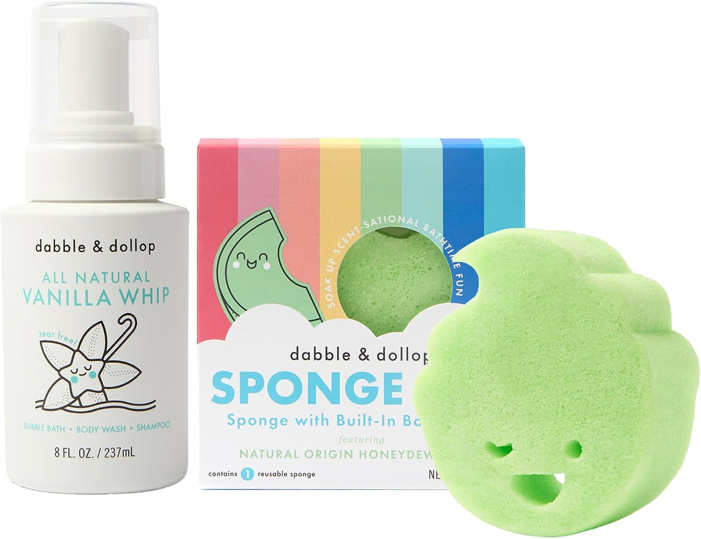 Dabble & Dollop Sponge Pop™ Kids Bath Sponge with Built-in Honeydew Body Wash + Vanilla 3-in-1 Foaming Shampoo, Body Wash & Bubble Bath - Natural Origin Ingredients, Kids Bath Set (2-Pack)