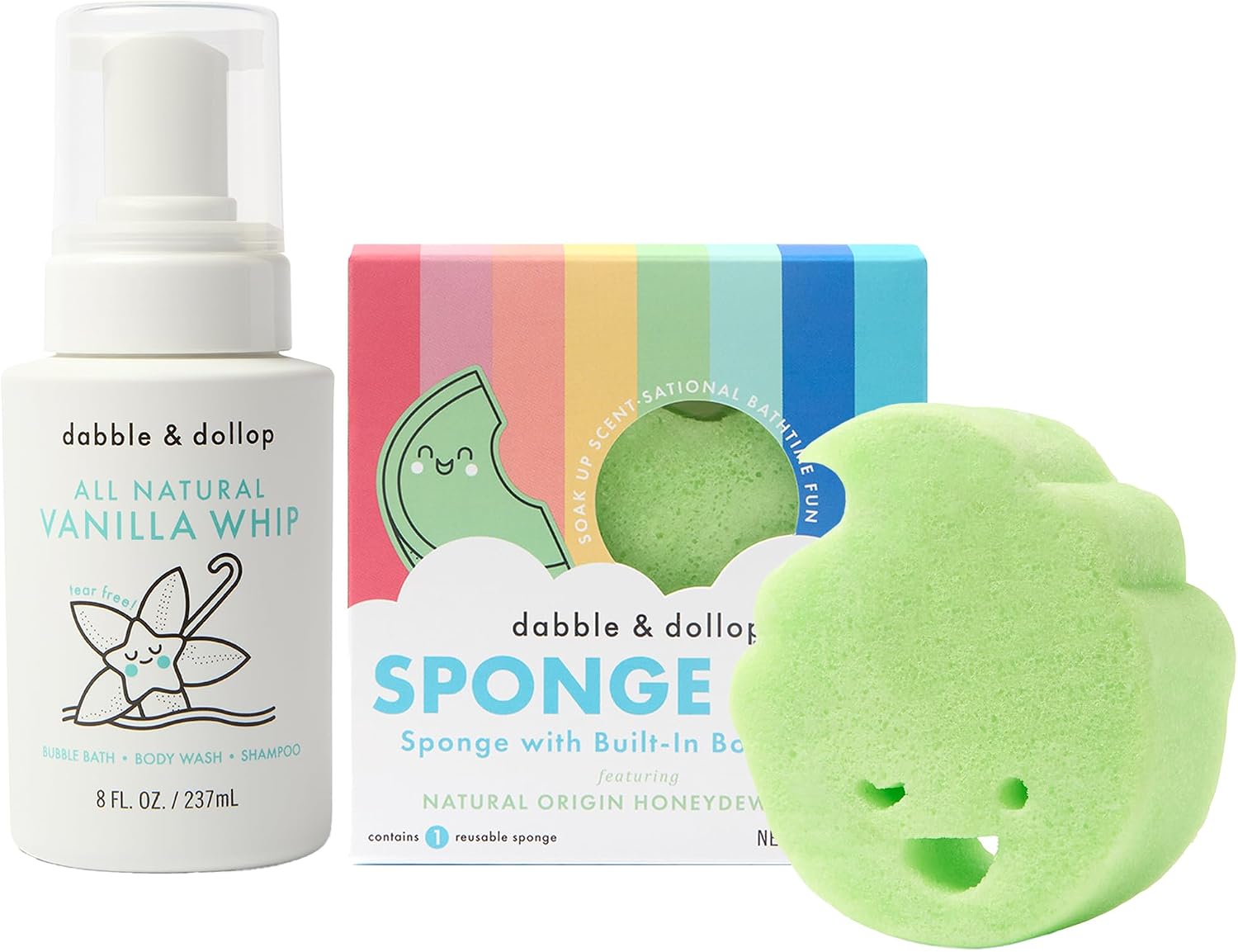 Dabble & Dollop Sponge Pop™ Kids Bath Sponge with Built-in Honeydew Body Wash + Vanilla 3-in-1 Foaming Shampoo, Body Wash & Bubble Bath - Natural Origin Ingredients, Kids Bath Set (2-Pack)