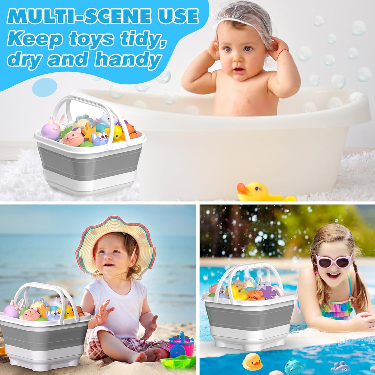 Anivia Foldable-Bath-Toy-Storage-Organizer, Bath Toy Holder with Base, Quick-Drain-Drying Bathtub Toy Storage/Basket, Stand Up Bathroom Shower Toys Holder for Kids - Gray