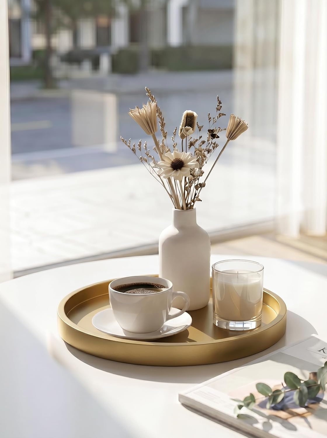 Hanobe Decorative Tray for Coffee Table: Round Champagne Gold Tray for Home Decor - 11.8" Modern Circle Candle Holder Plate for Living Room