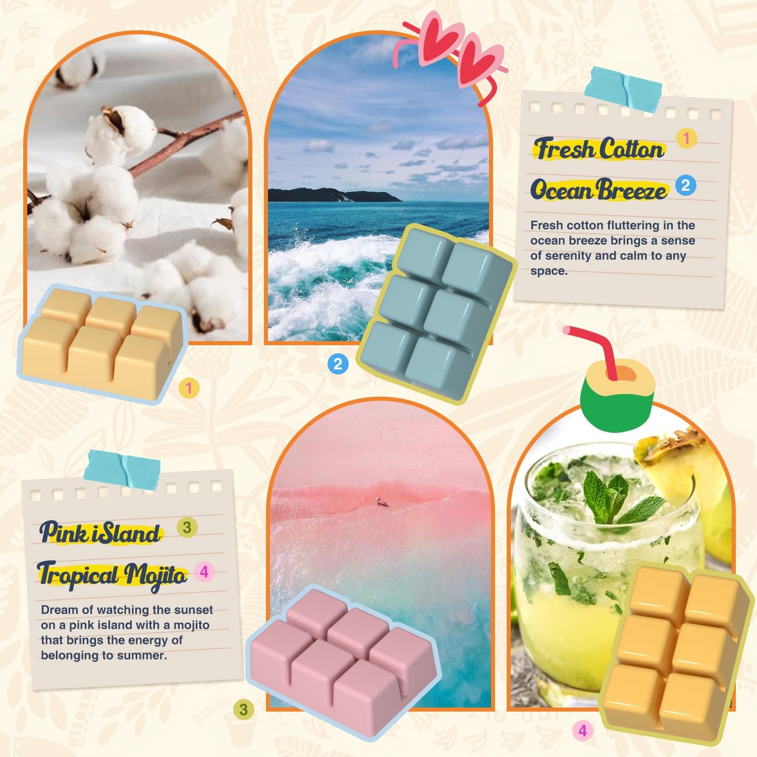 Salubrito Summer Scented Wax Melts, Strong Scented Soy Wax Cubes/Tarts Variety Gift Set, Fresh Cotton, Ocean Breeze, Mojito, Pink Island, Coconut, Pineapple, Vanilla Cream, Strawberry, 8x2.5oz
