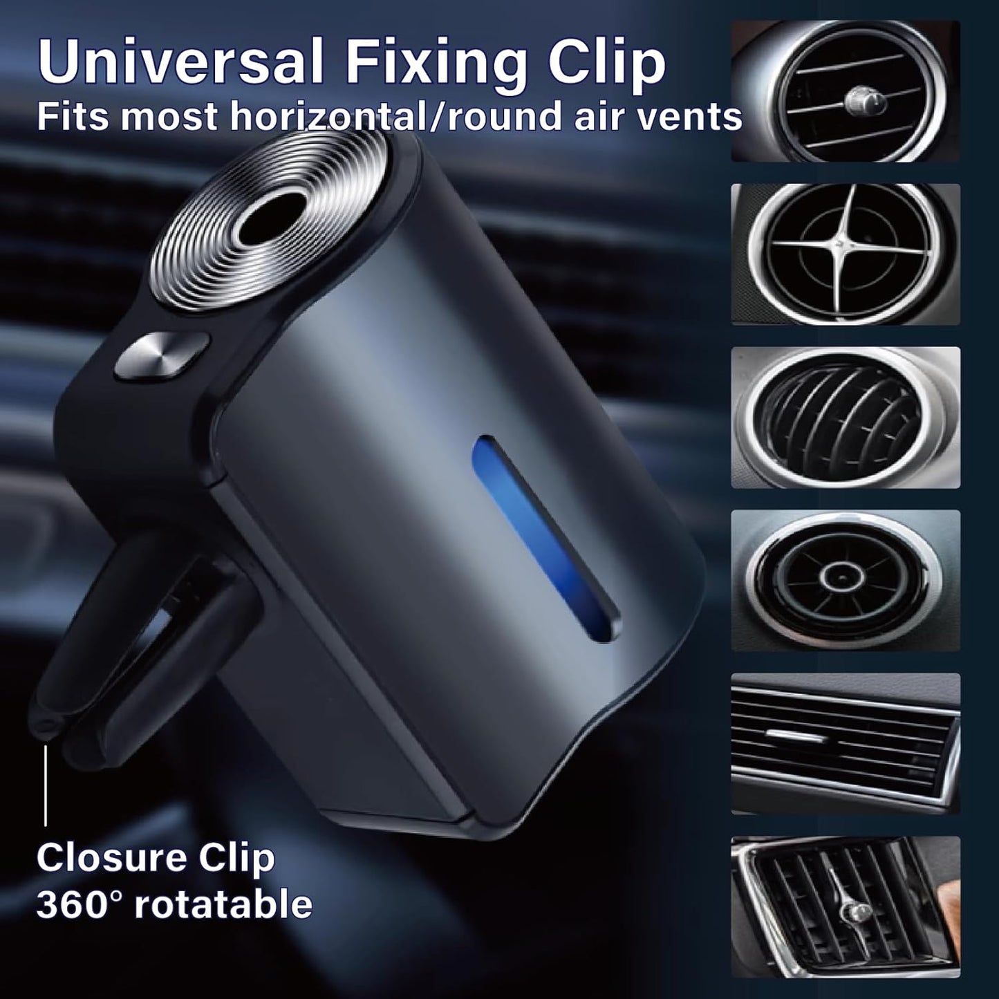 Smart Car Aroma Diffuser - 3 Adjustable Modes, Rechargeable, with Breathing Light, with Ventilation Clip - with 8 10ml Bottles of Fragrance, Car Air Freshener Essential Oil Diffuser (Black)