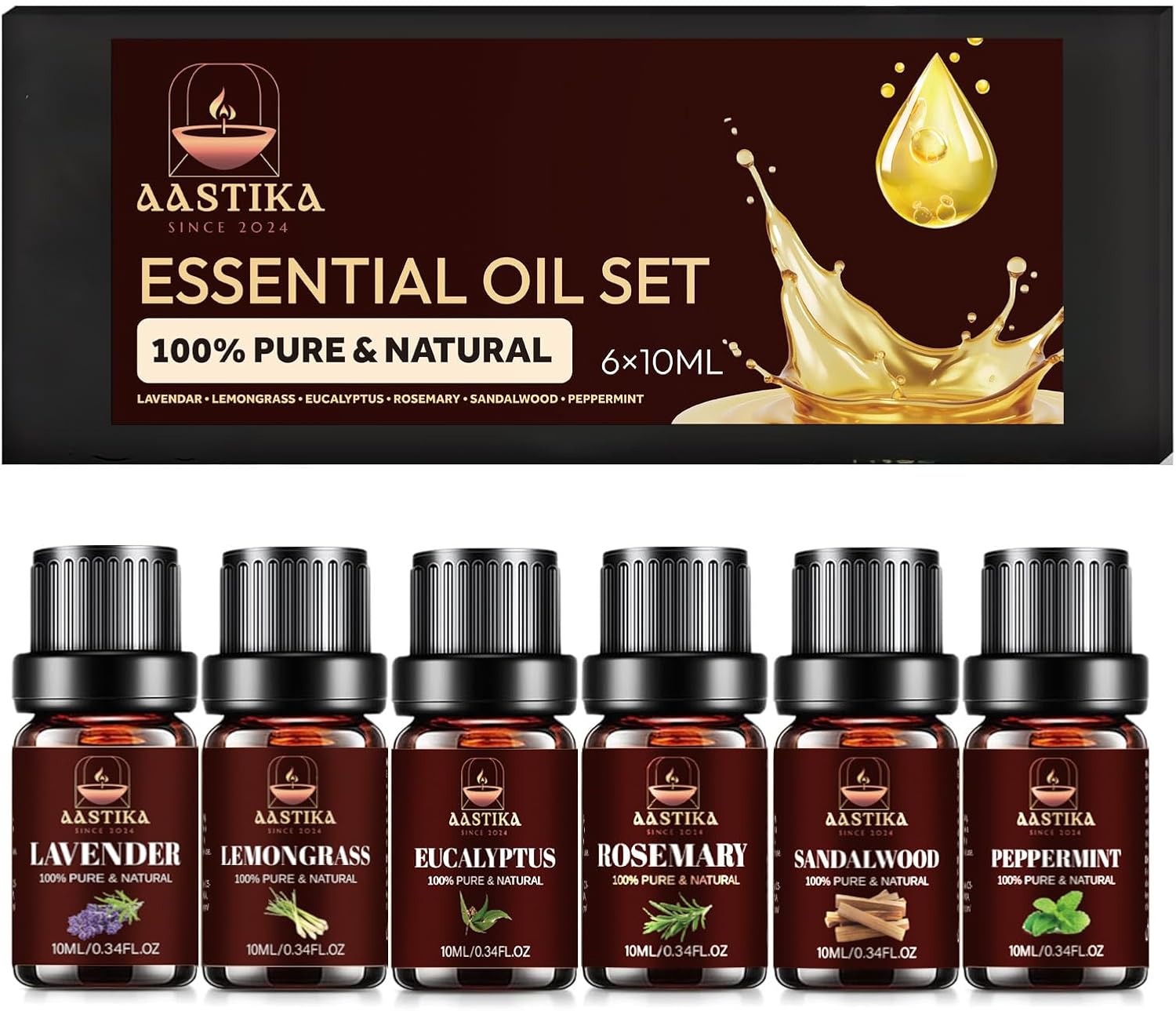 Aastika Aromatherapy Essential Oil Set – 100% Pure & Natural, 6X10ml(Lavender, Lemongrass, Eucalyptus, Rosemary, Sandalwood, Peppermint) Bottle