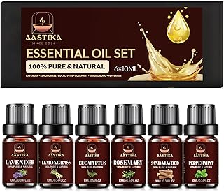 Aastika Aromatherapy Essential Oil Set – 100% Pure & Natural, 6X10ml(Lavender, Lemongrass, Eucalyptus, Rosemary, Sandalwood, Peppermint) Bottle