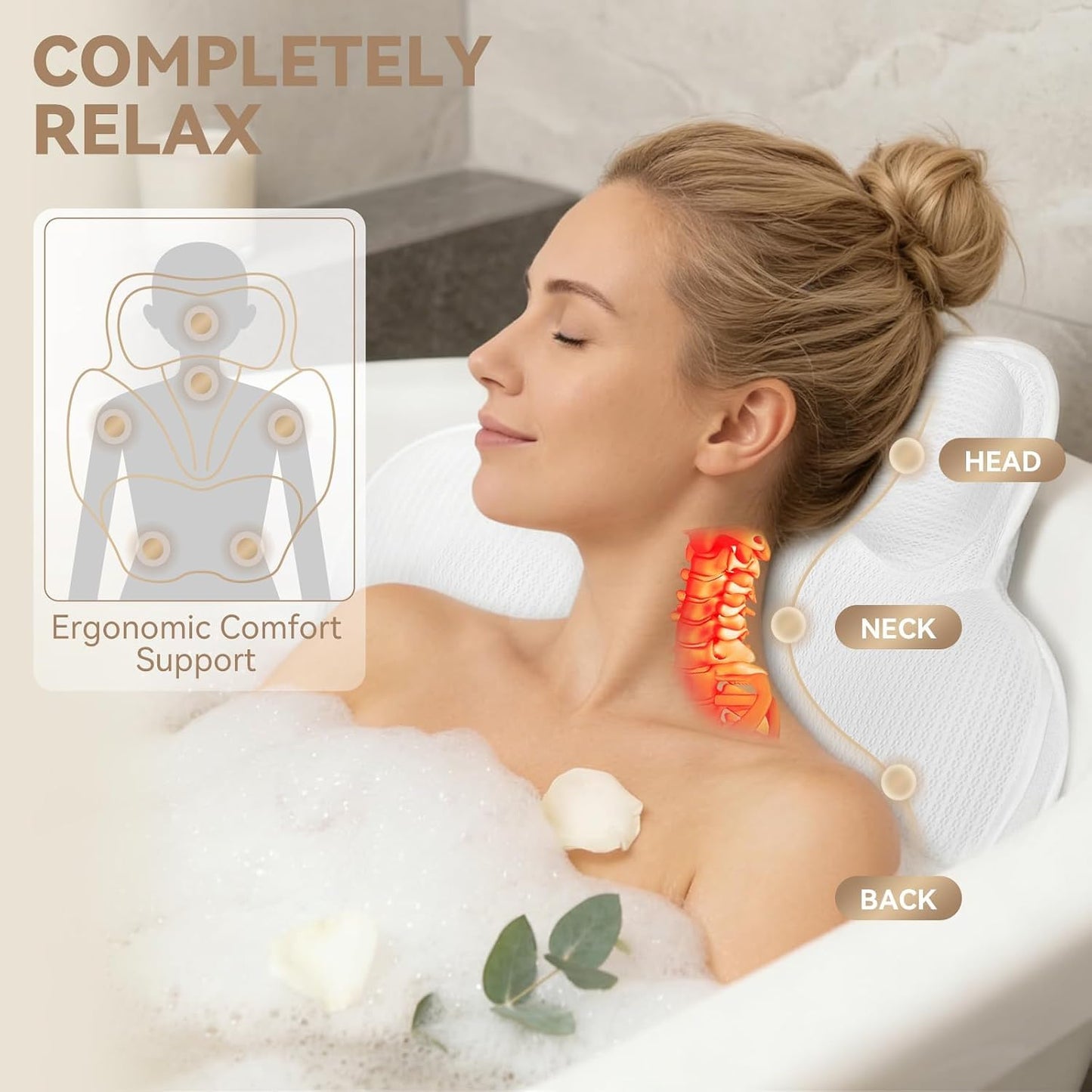 Bath Pillows for Tub - Luxury Bathtub Pillow Neck, Head, Back Support, Soft 5D Mesh Fabric and Non-Slip Suction Cups & Quick Dry, Fits All Tubs, Bath Soaking Accessories Spa Gifts, White