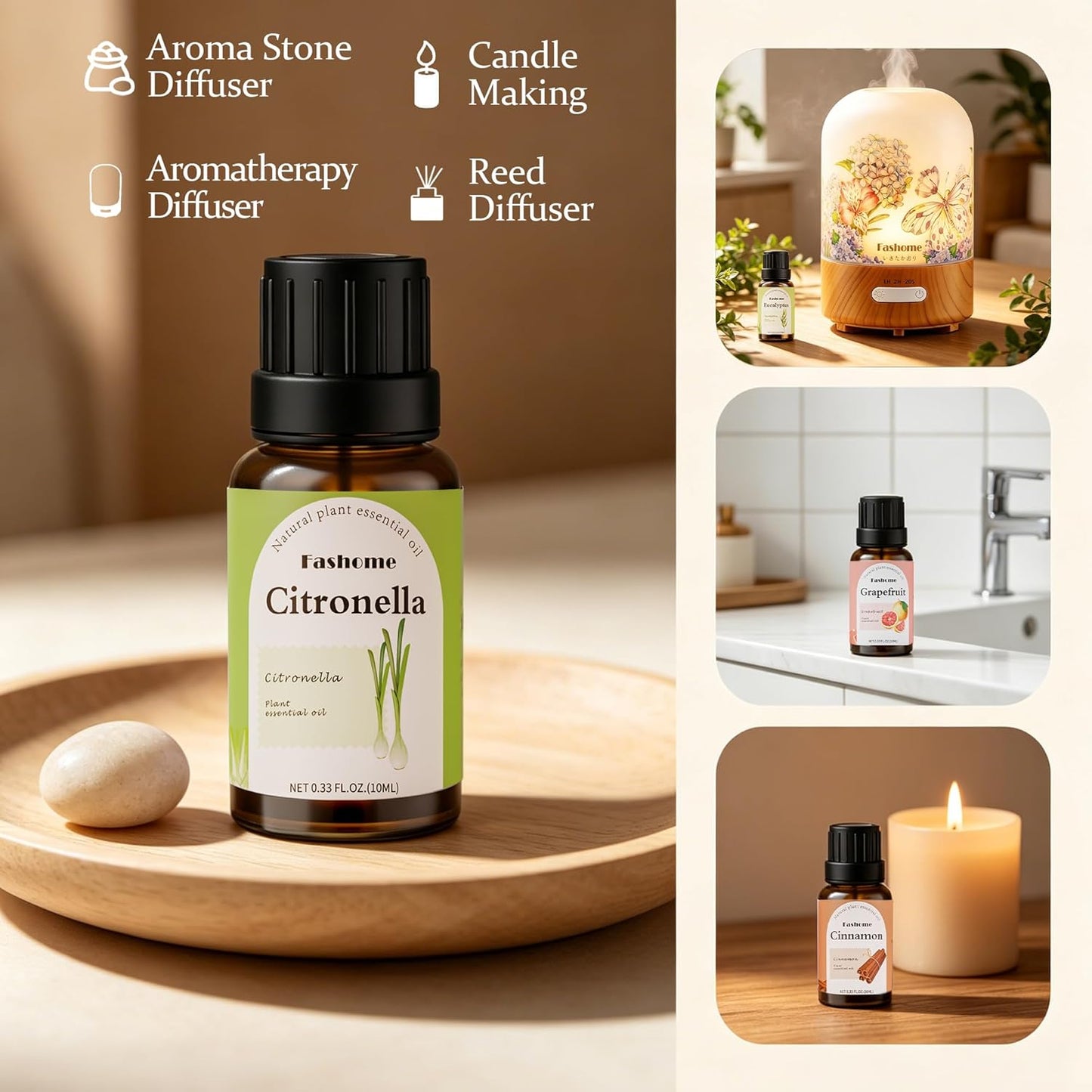 Fashome Grounding Woody & Earthy Essential Oil Blends for Diffuser & DIY - 6-Pack Plant-Based Scent Oils, Includes Cedarwood, Cinnamon, Citronella, Eucalyptus, Bergamot, Grapefruit - 10ml Each/60ml