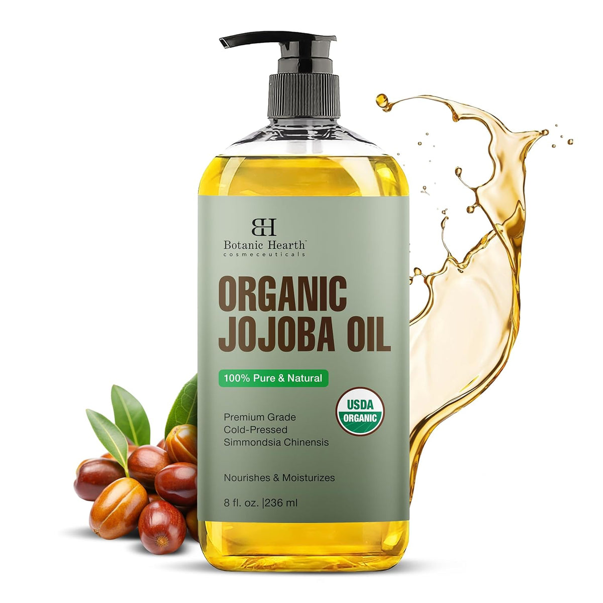 Botanic Hearth USDA Organic Jojoba Oil 8 Fl Oz |100% Pure and Natural- Cold Pressed & Hexane Free Natural Hair Growth Oil for