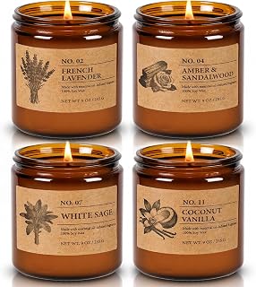 Soy Candles Set of 4, 9oz Natural Soy Wax Aromatherapy Candles, Home Scented Candles with 4 Scents (Lavender, Amber Sandalwood, White Sage, Coconut Vanilla), Gifts for Mom, Women, Relaxation, Yoga