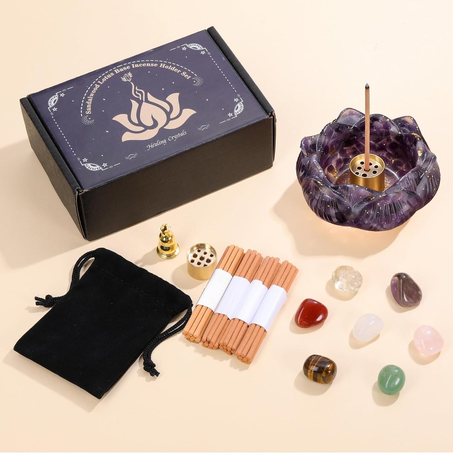 Jovivi Incense Holders Set,Amethyst Crystal Lotus Resin Burner, 2 Incense Holders, 7 Chakra Tumbled Stones, Mini Incense Sticks & Gift Box – Spiritual Meditation Home Decor