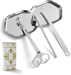 PATOISE 4 in 1 Candle Accessory Set, Wick Trimmer, Candle Snuffer, Wick Scoop, Storage Tray, Perfect for Candle Lovers (Silver)