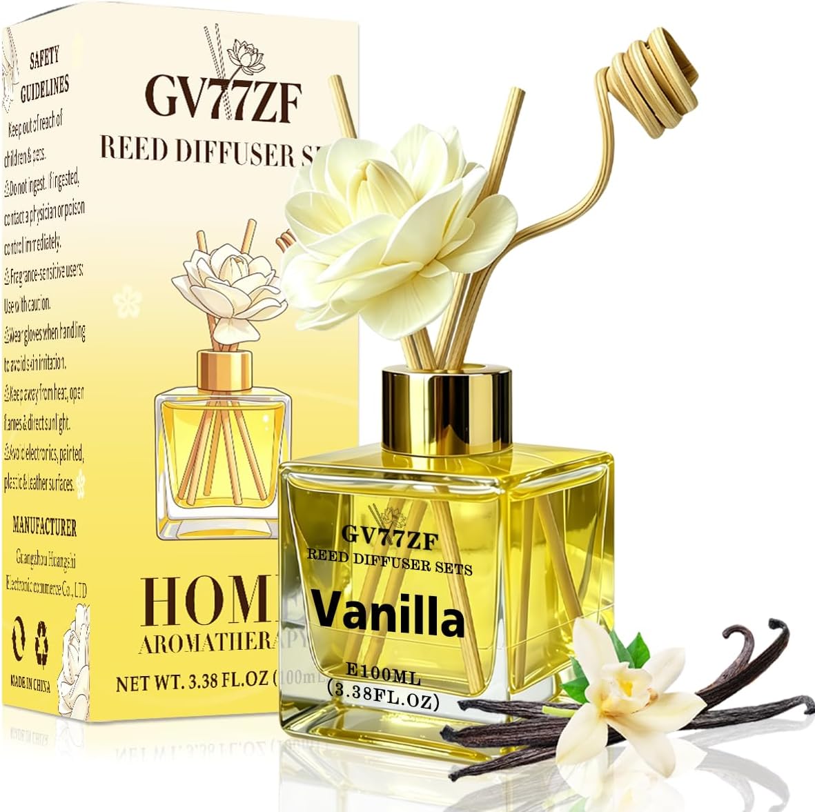 Vanilla Reed Diffuser – 3.38 oz Glass Bottle with Rattan Sticks & Dried Flowers, Warm Sweet Scent for Home, Adjustable Intensity Aroma Gift for Women, Housewarming, Mom