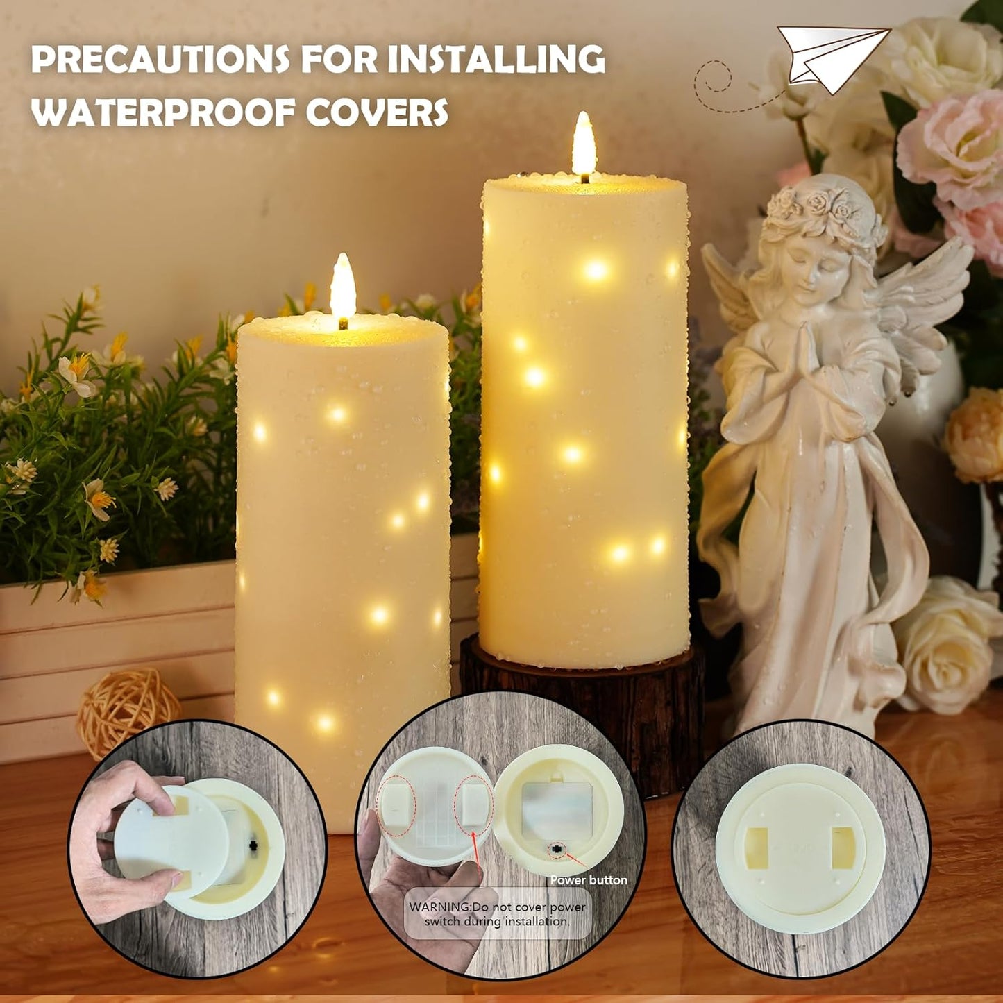 Sasigeiaa Waterproof Outdoor Candles with Timer & Remote - Battery Operated LED Candles, Realistic Flameless Plastic Pillar, Pack of 2 (4" D x 10" H, Ivory) for Patio, Garden Camping Rainy Weather