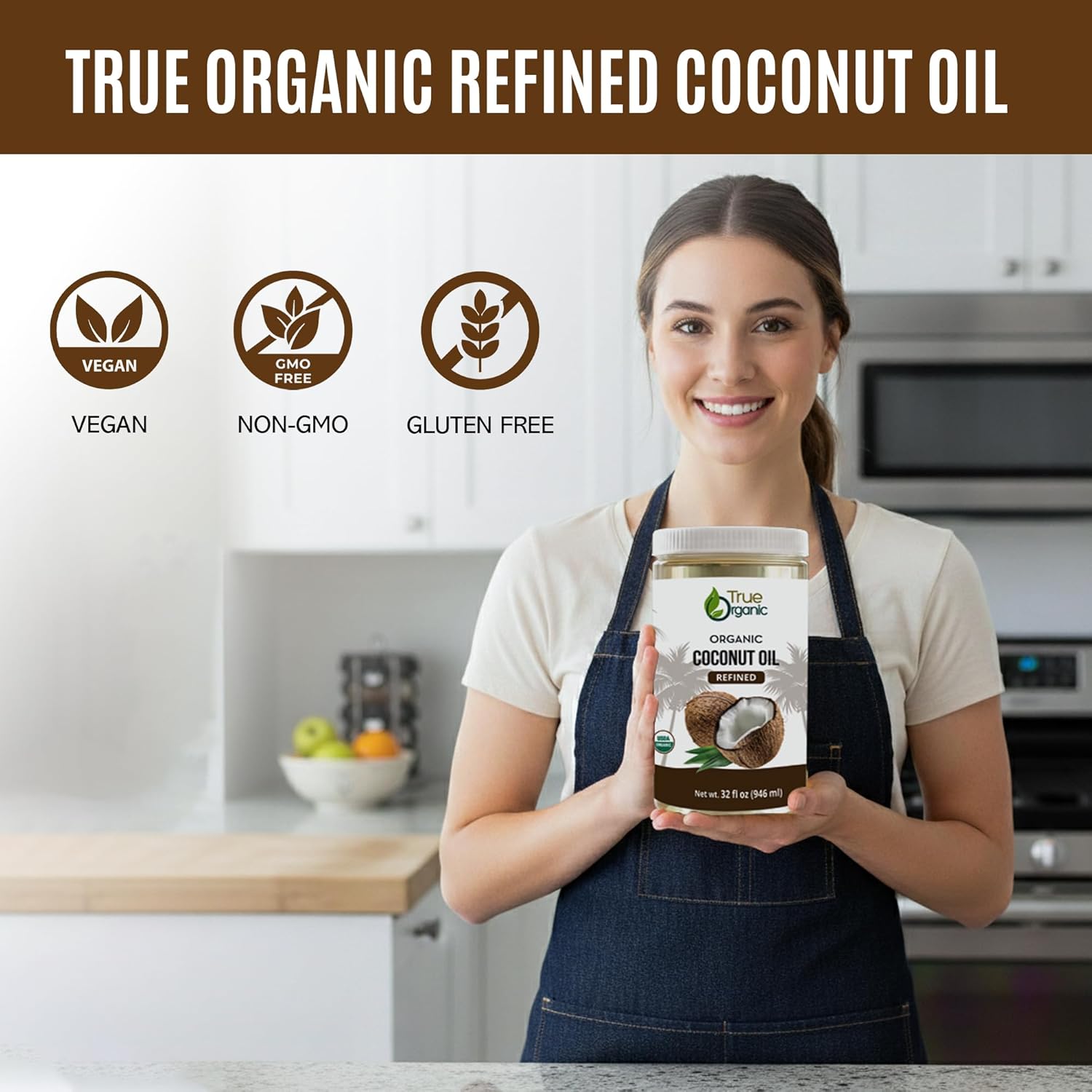 True Organic Refined Coconut Oil, 32 fl oz, USDA Organic Certified, for Cooking and Baking