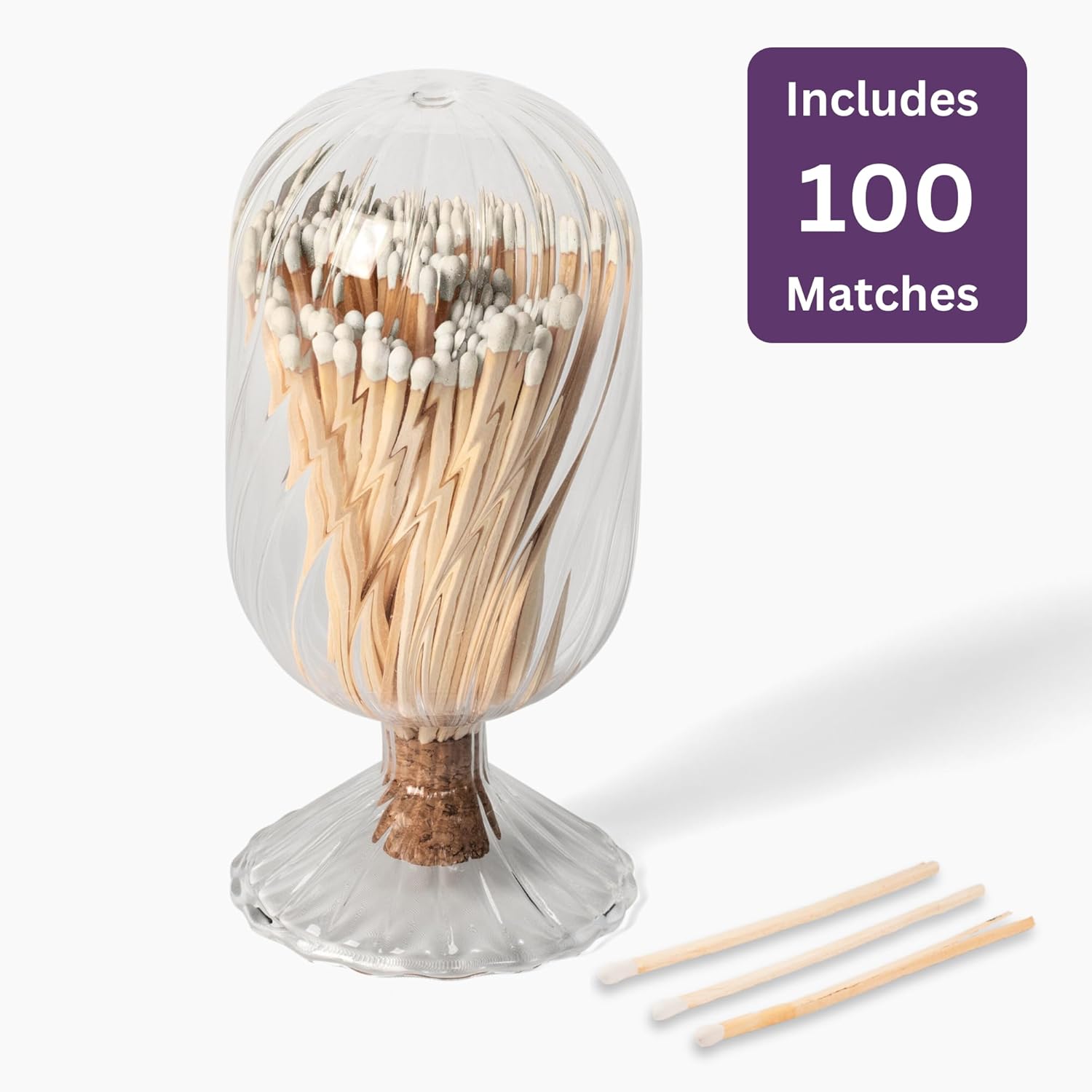 Premium Helix Glass Cloche - Matches In a Jar With Striker. Long Matches for Candles, Fireplace. Or Use Bottle for Bath Salts, Accessories. Includes Striker AND Safety Matches (White)