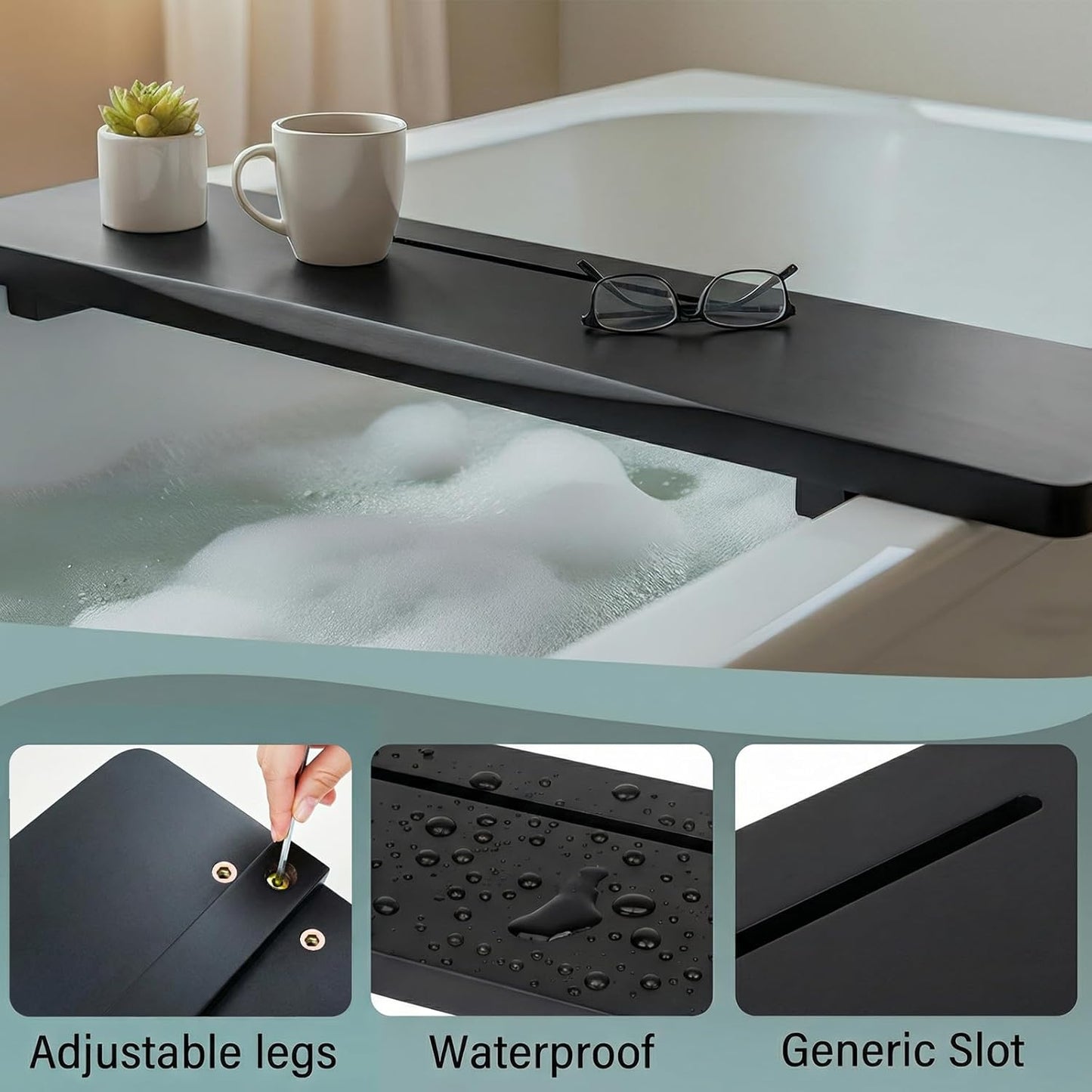 Elegant Black Bamboo Bathtub Tray Caddy for Standard Tub, 31" L Adjustable Bath Tray for Tub, Luxury Spa Bathroom Tray Organizer Table, Bath Tub Accessories for Women, Housewarming, Birthday Gifts