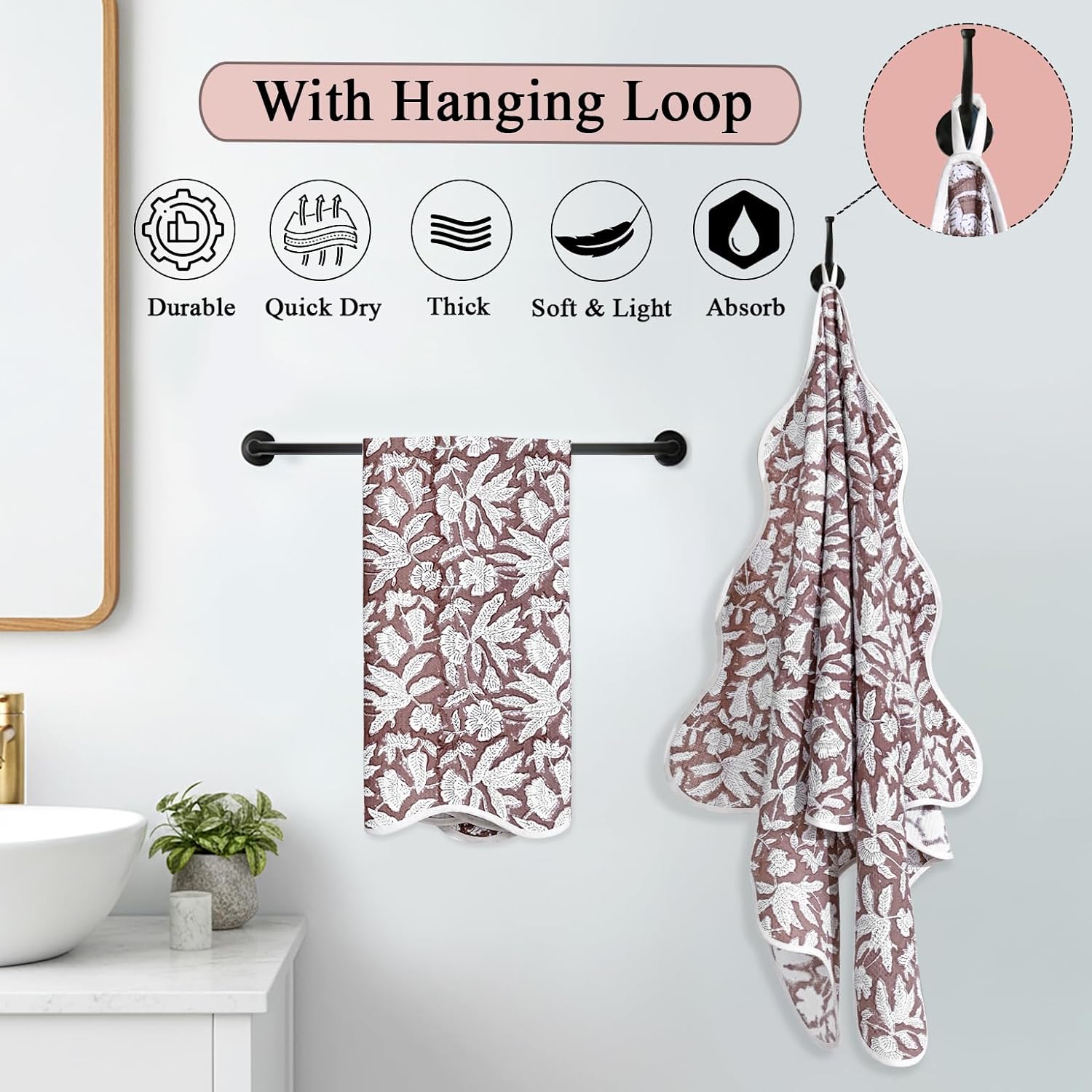 Ridhi Block Print Oak Brown Cotton Spa/Beach Towel 27"x54" Set of 2 Handmade Beach Towel, Quick Dry Turkish Style Bath, Soft Absorbent Luxury Towel for Home, Gym & Spa, Hair Drying