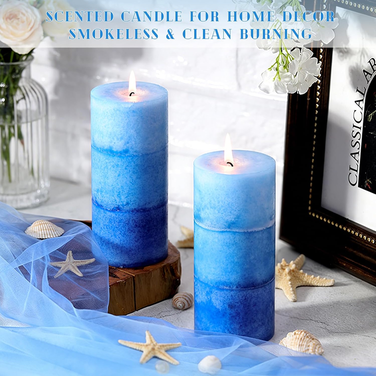 Blue Ocean Scented Pillar Candles, 2.8x6 Inch Non-Toxic Blue Pillar Candle 210H Long Burning Smokeless Fragrance Candle for Home Decor Wedding, 3 Pack